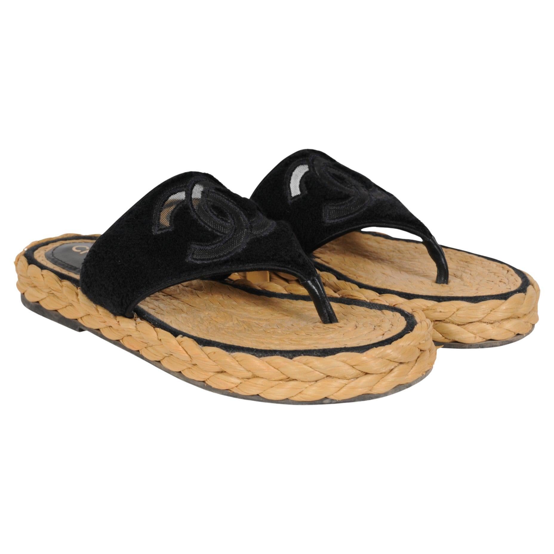 Chanel Womens CC Logo Espadrille Sandals Size US 8 EU 38 Black Terry Cloth Flip