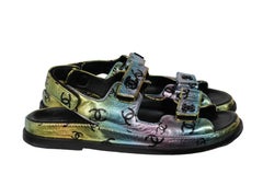 Chanel Womens CC Logo Mule Sandals Size US 10 IT 40 Leather Metallic Blue Pink