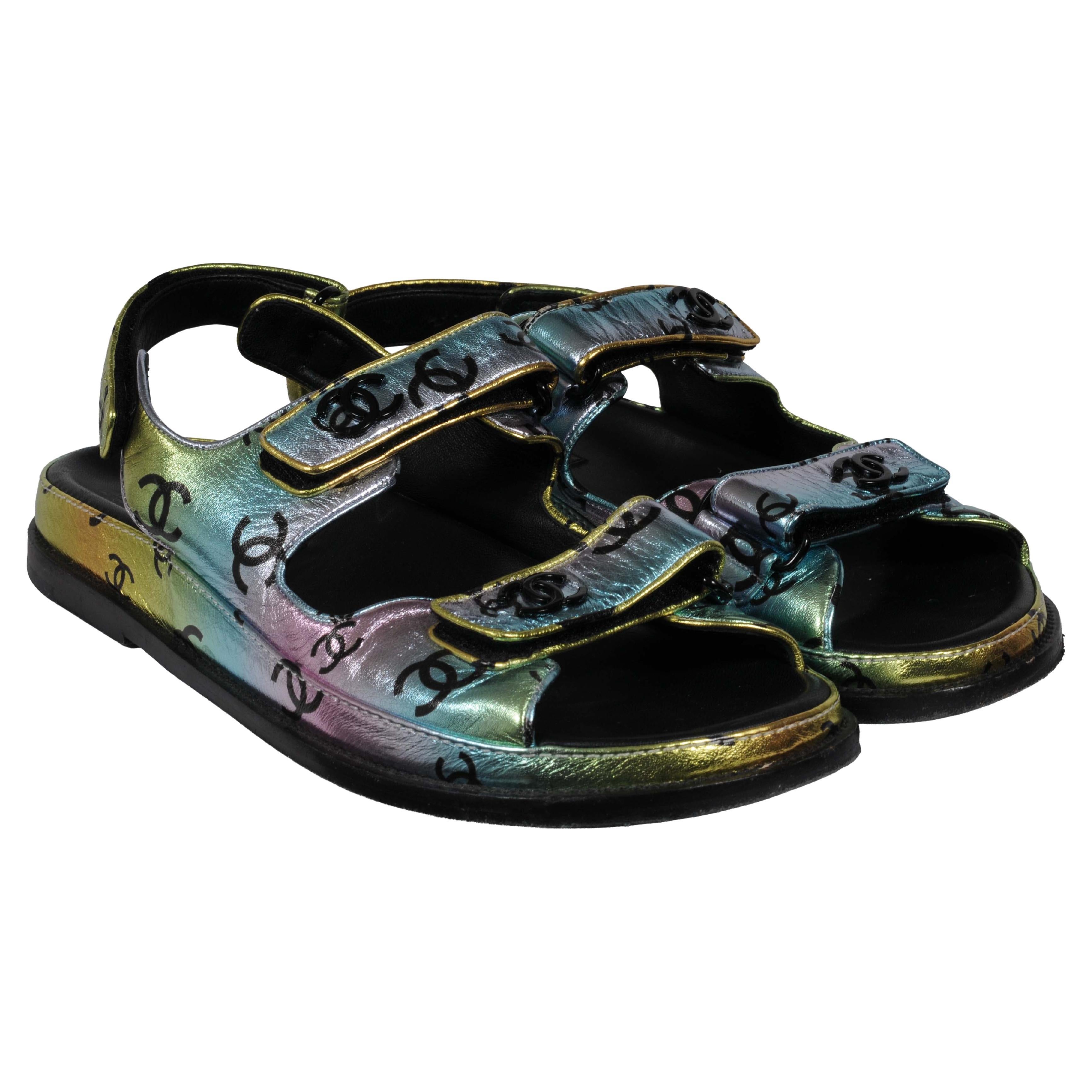 Chanel Womens CC Logo Mule Sandals Size US 10 IT 40 Leather Metallic Blue Pink