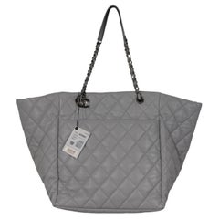 Chanel Womens Large Shopping Tote Bag Grey Quilted Lambskin Leather 30 CM