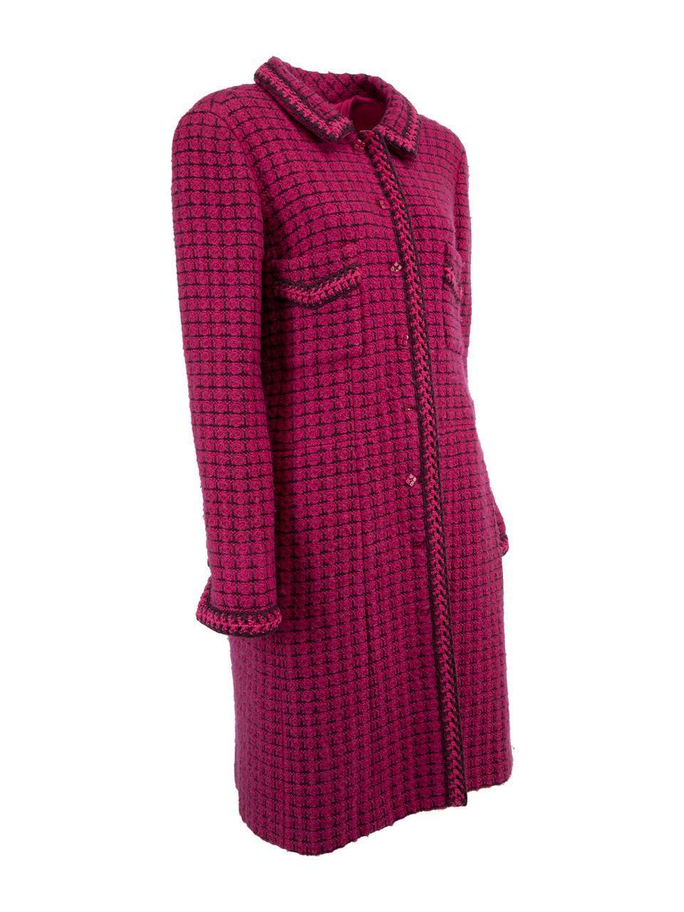 CONDITION is Very good. Minimal wear to coat is evident. Overall wear to outer fabric where pilling and loose fabric can be seen on this used Chanel designer resale item.   Details  Magenta/ Violet Wool Long sleeves Straight collar Gingham Crochet