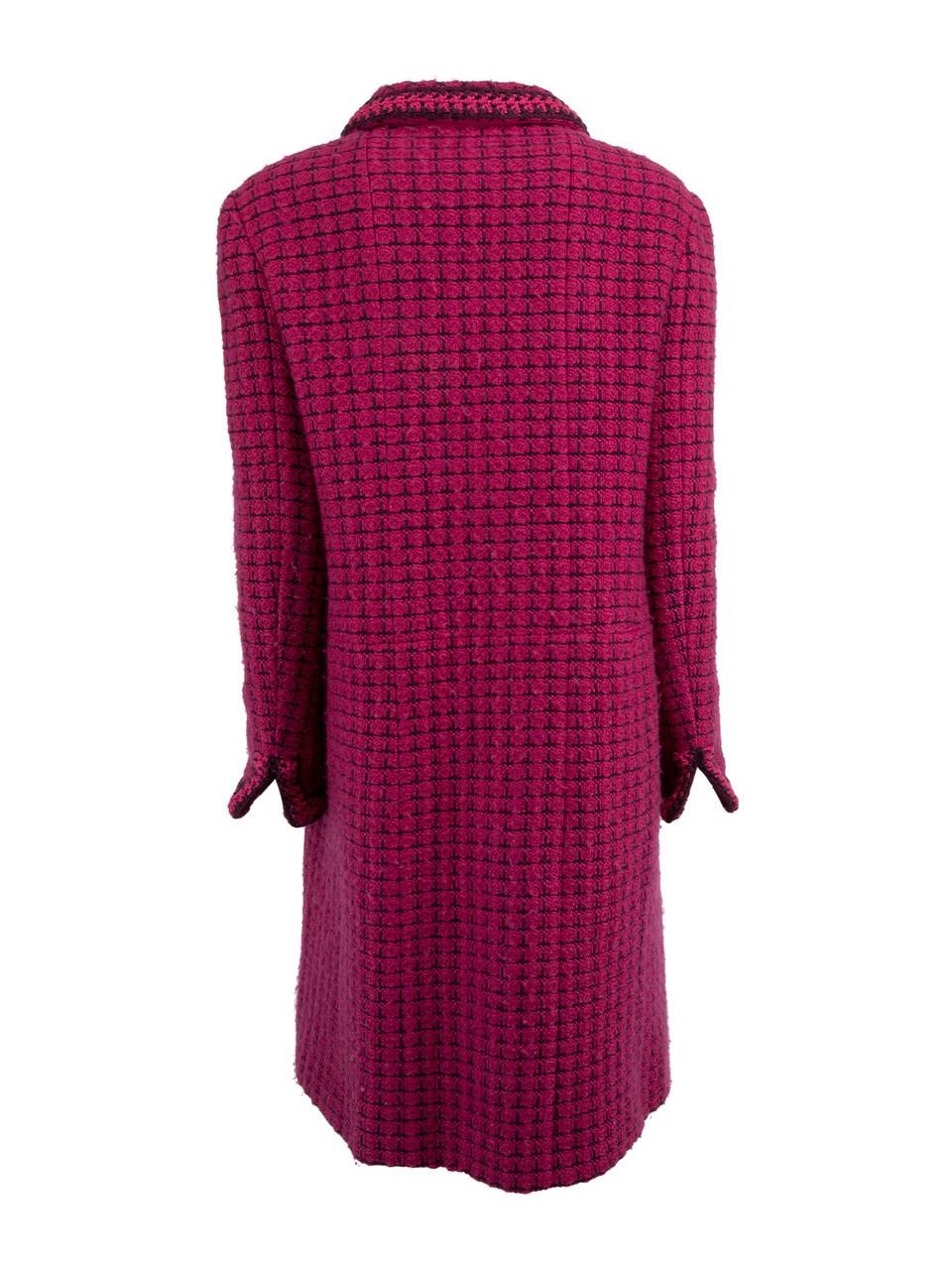 Chanel Women's Magenta Wool Gingham Long Coat In Excellent Condition In London, GB