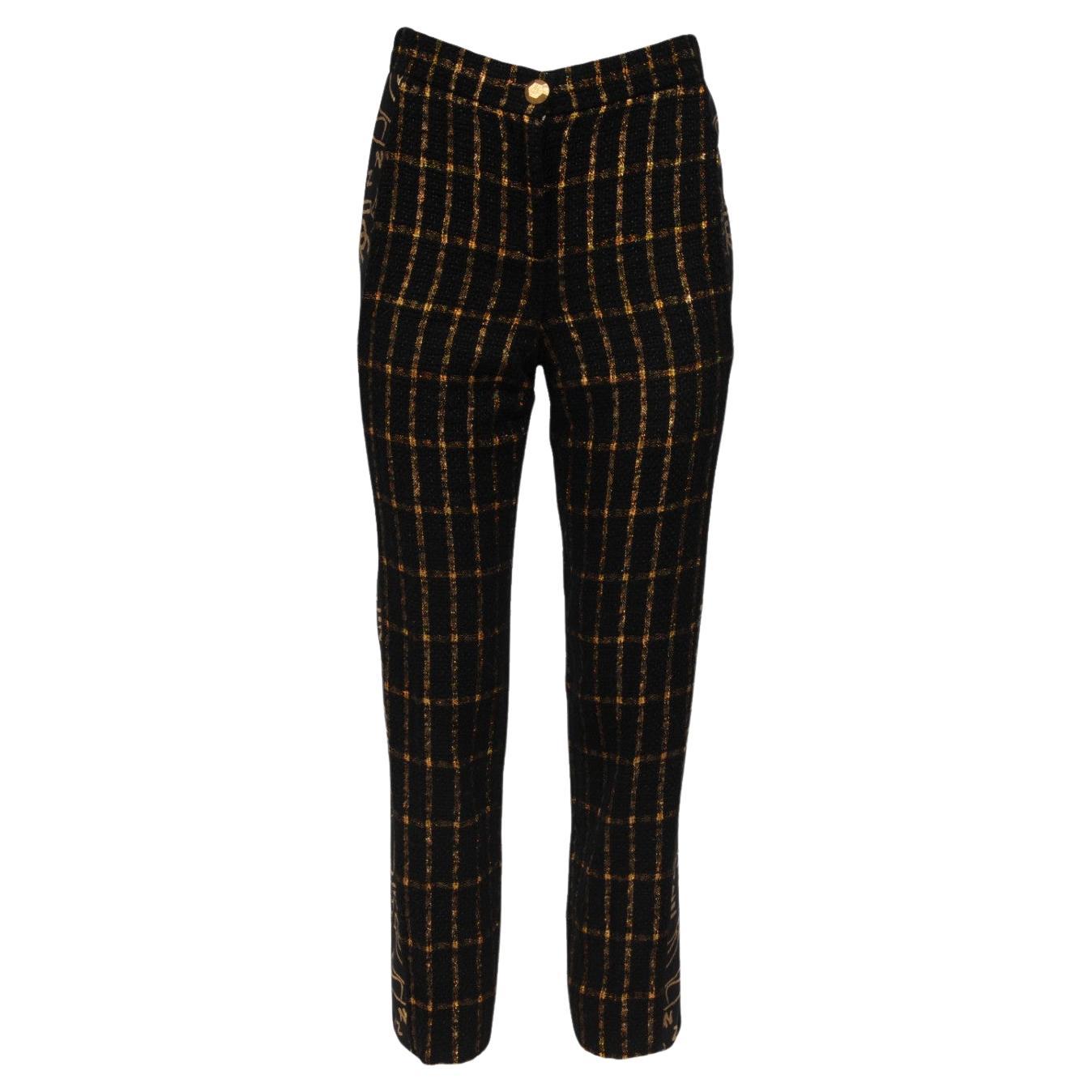 Chanel Womens Métiers d
Art 2019 Pantalon Size FR 36 Black Gold Tweed CC Logo en vente