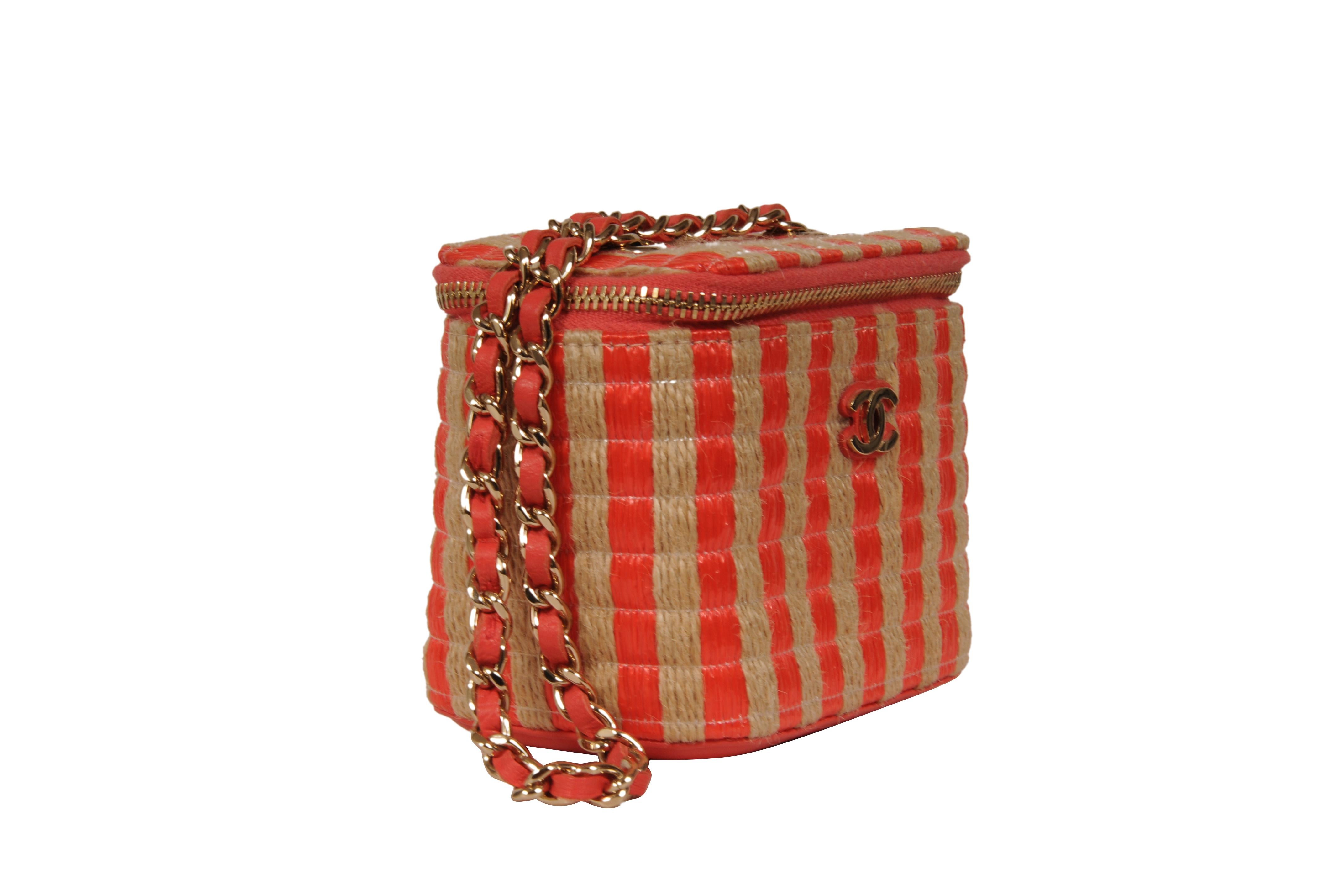 Chanel Womens Raffia Jute Striped Mini Vanity Case Bag With Chain Red Pink Beige en vente 5