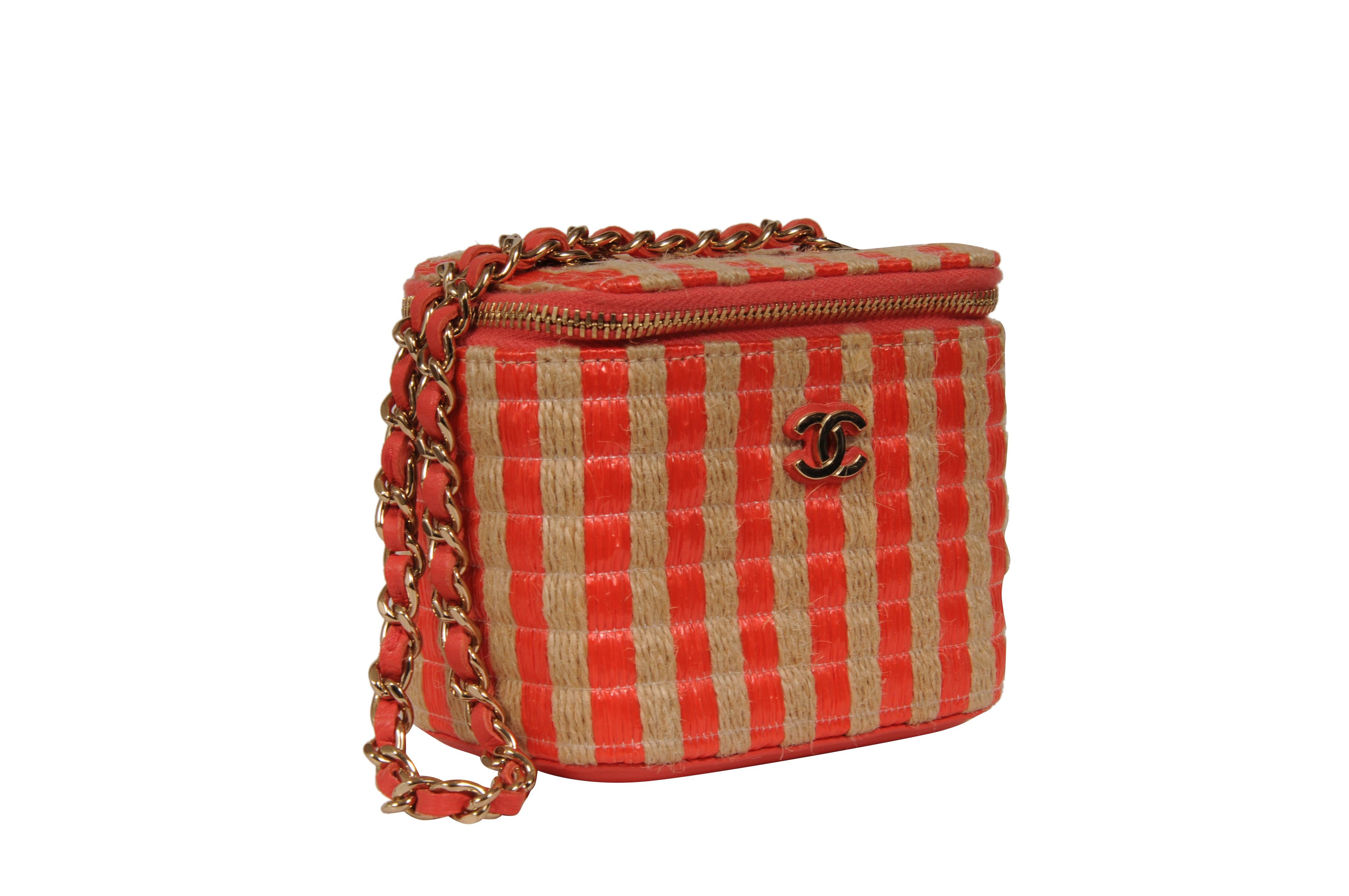 Chanel Womens Raffia Jute Striped Mini Vanity Case Bag With Chain Red Pink Beige en vente 6