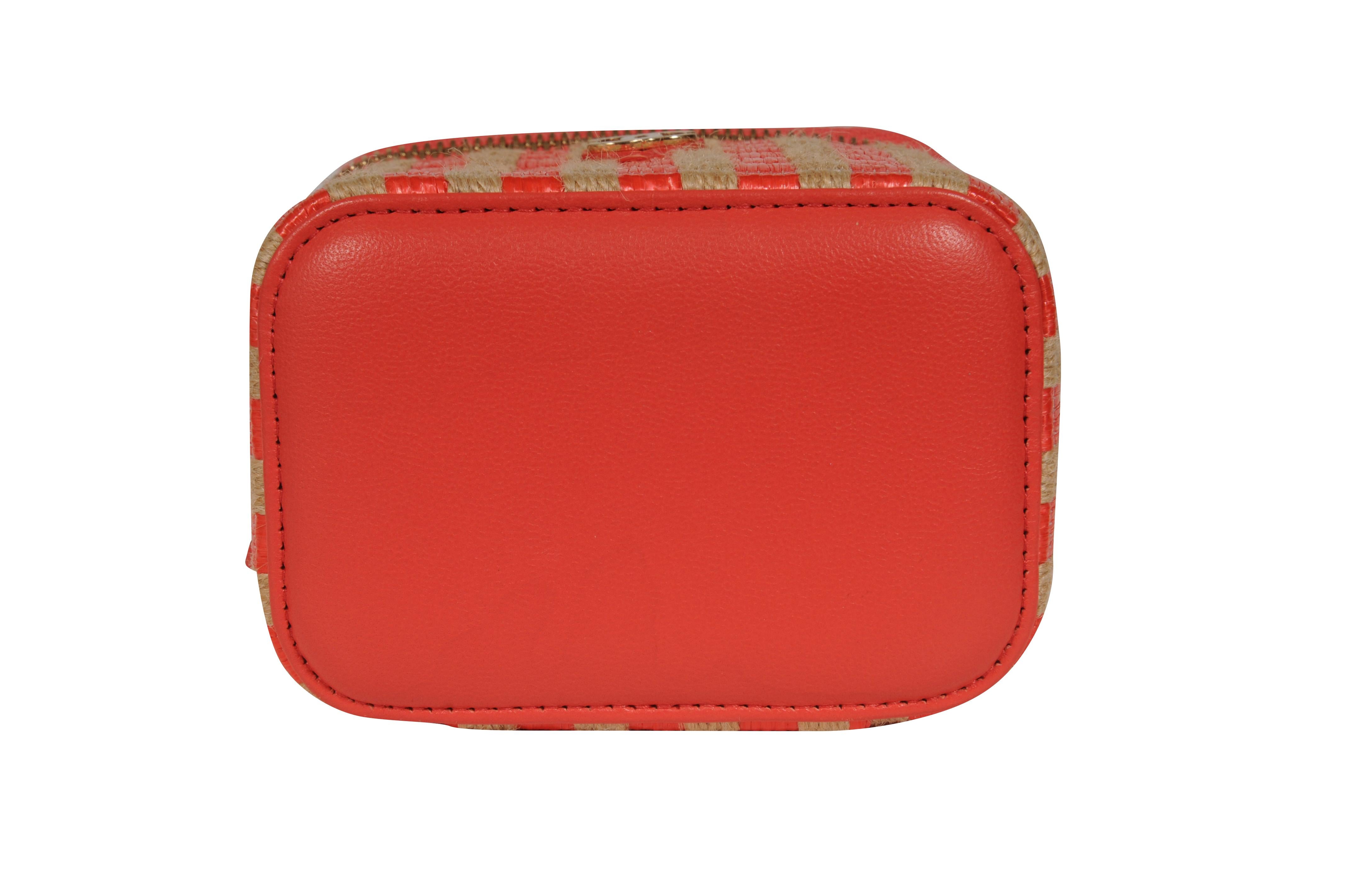 Chanel Womens Raffia Jute Striped Mini Vanity Case Bag With Chain Red Pink Beige en vente 7