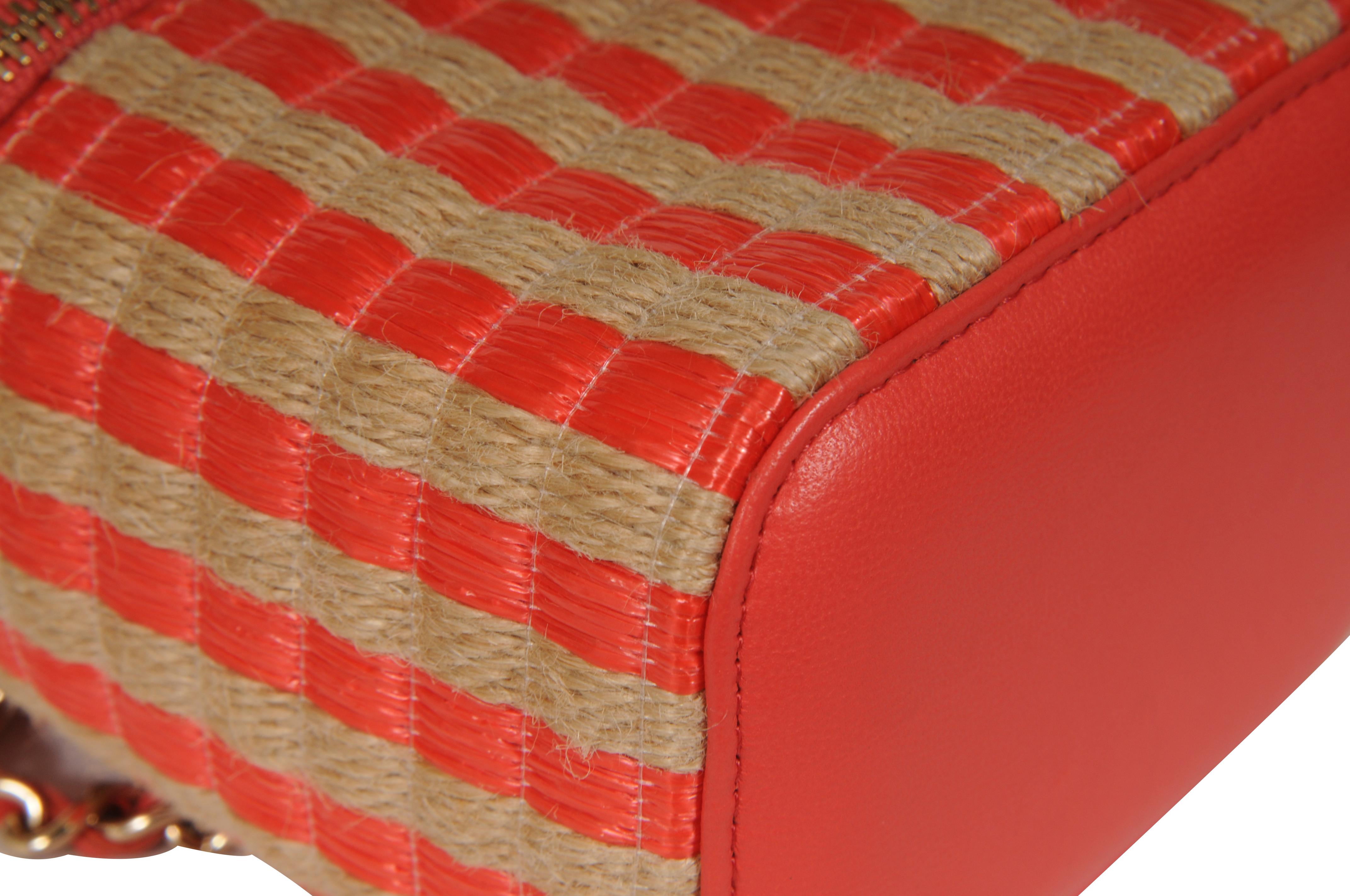 Chanel Womens Raffia Jute Striped Mini Vanity Case Bag With Chain Red Pink Beige en vente 8