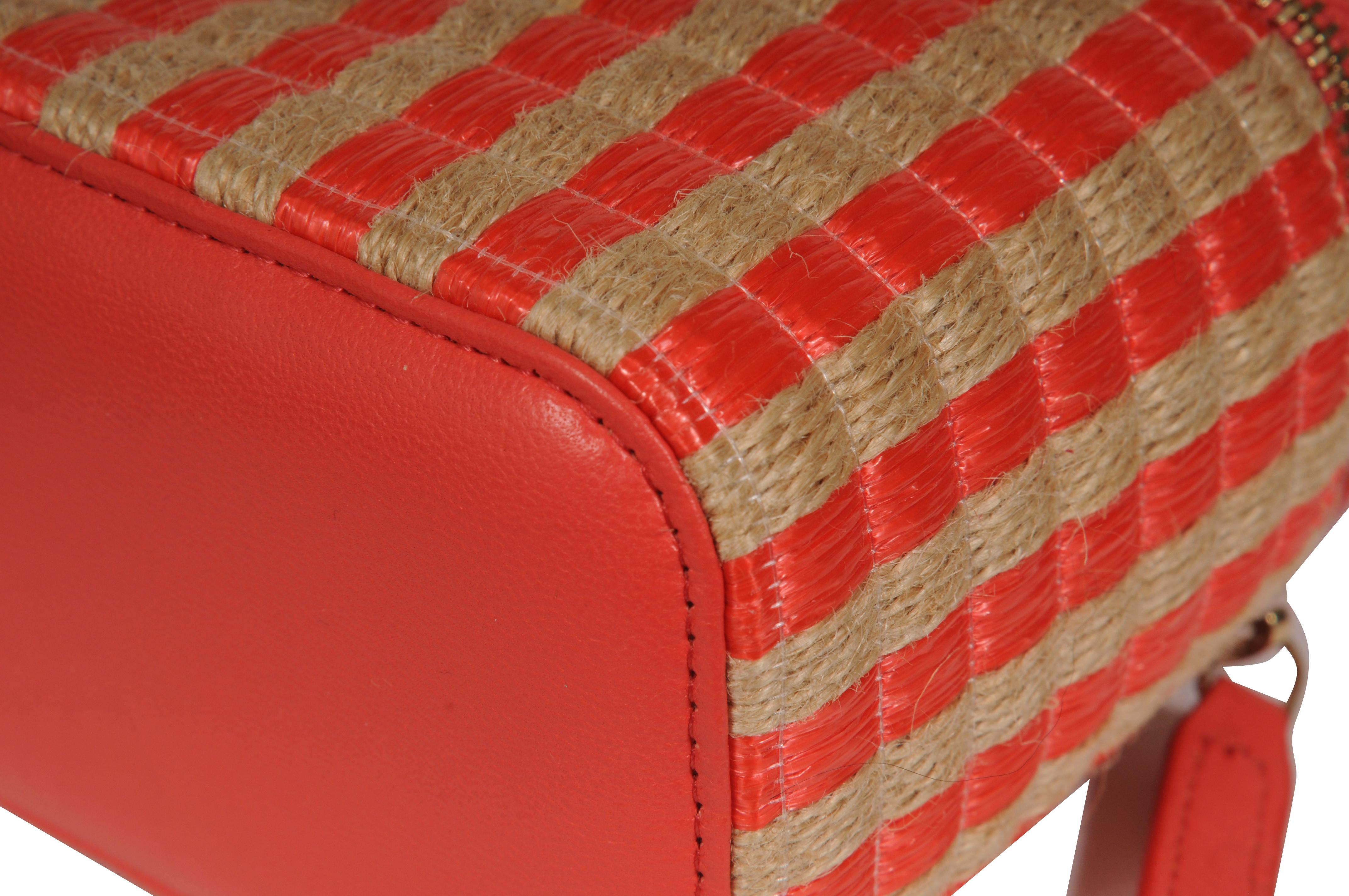 Chanel Womens Raffia Jute Striped Mini Vanity Case Bag With Chain Red Pink Beige en vente 9