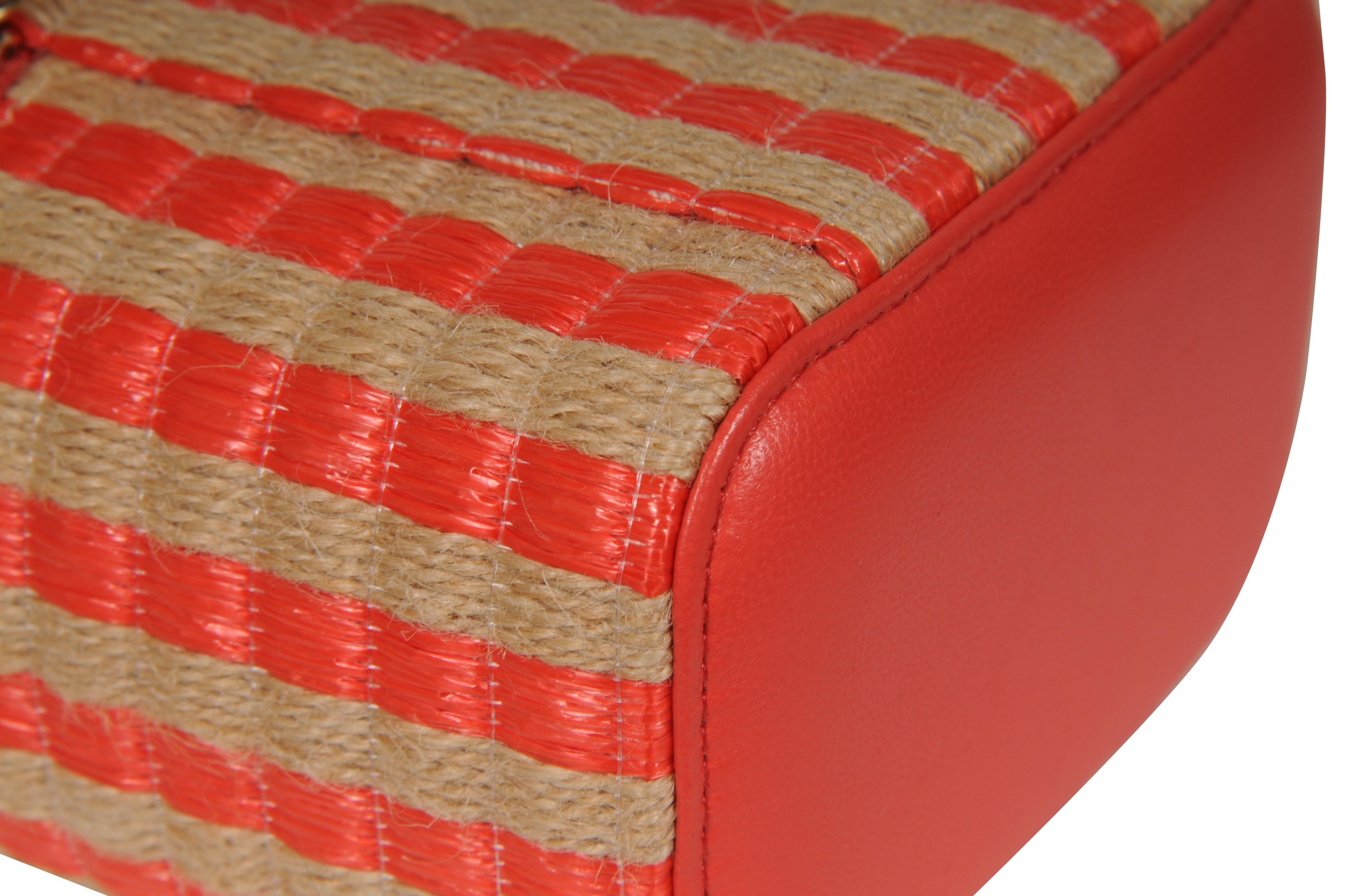 Chanel Womens Raffia Jute Striped Mini Vanity Case Bag With Chain Red Pink Beige en vente 10
