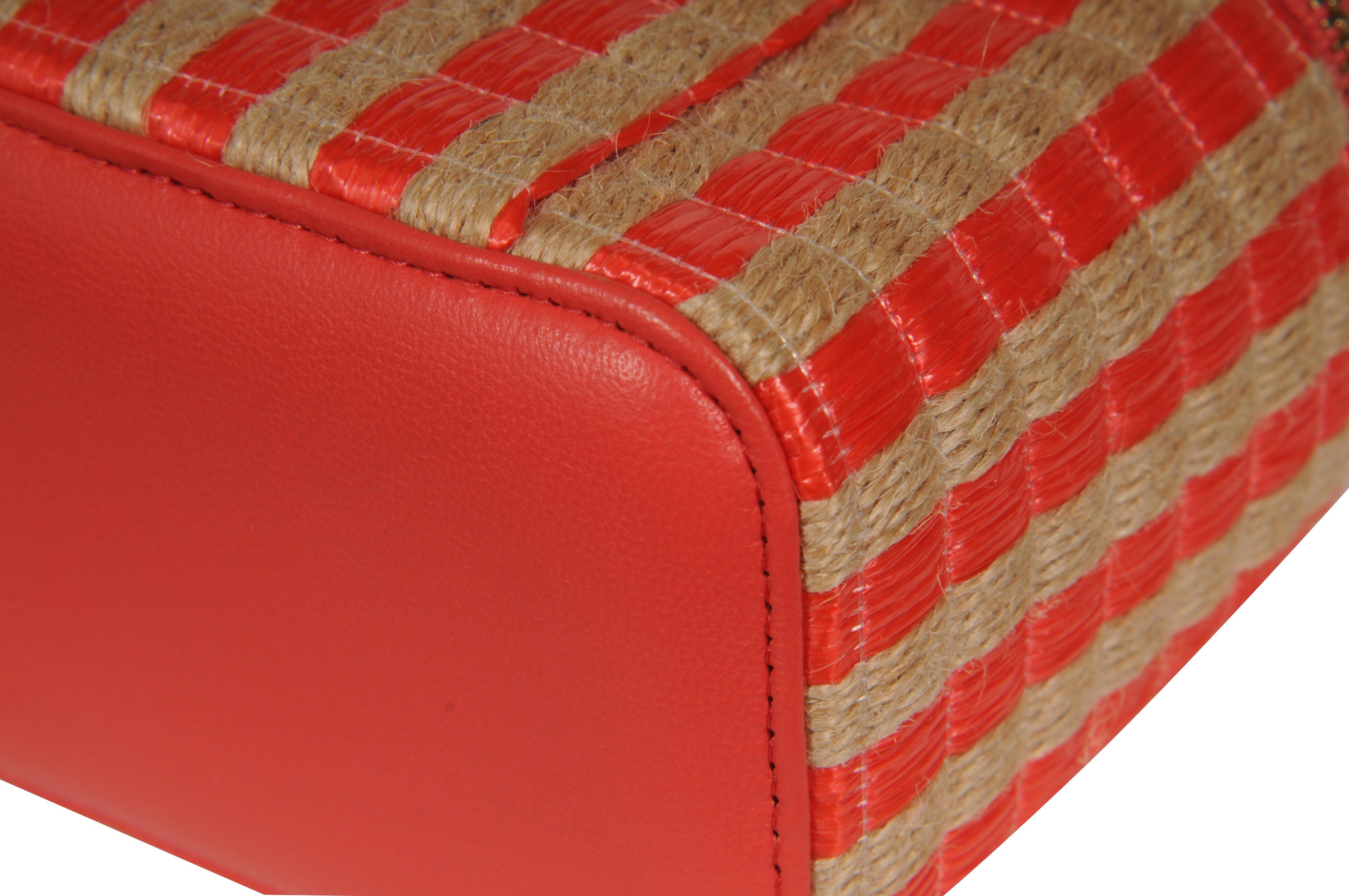 Chanel Womens Raffia Jute Striped Mini Vanity Case Bag With Chain Red Pink Beige en vente 11