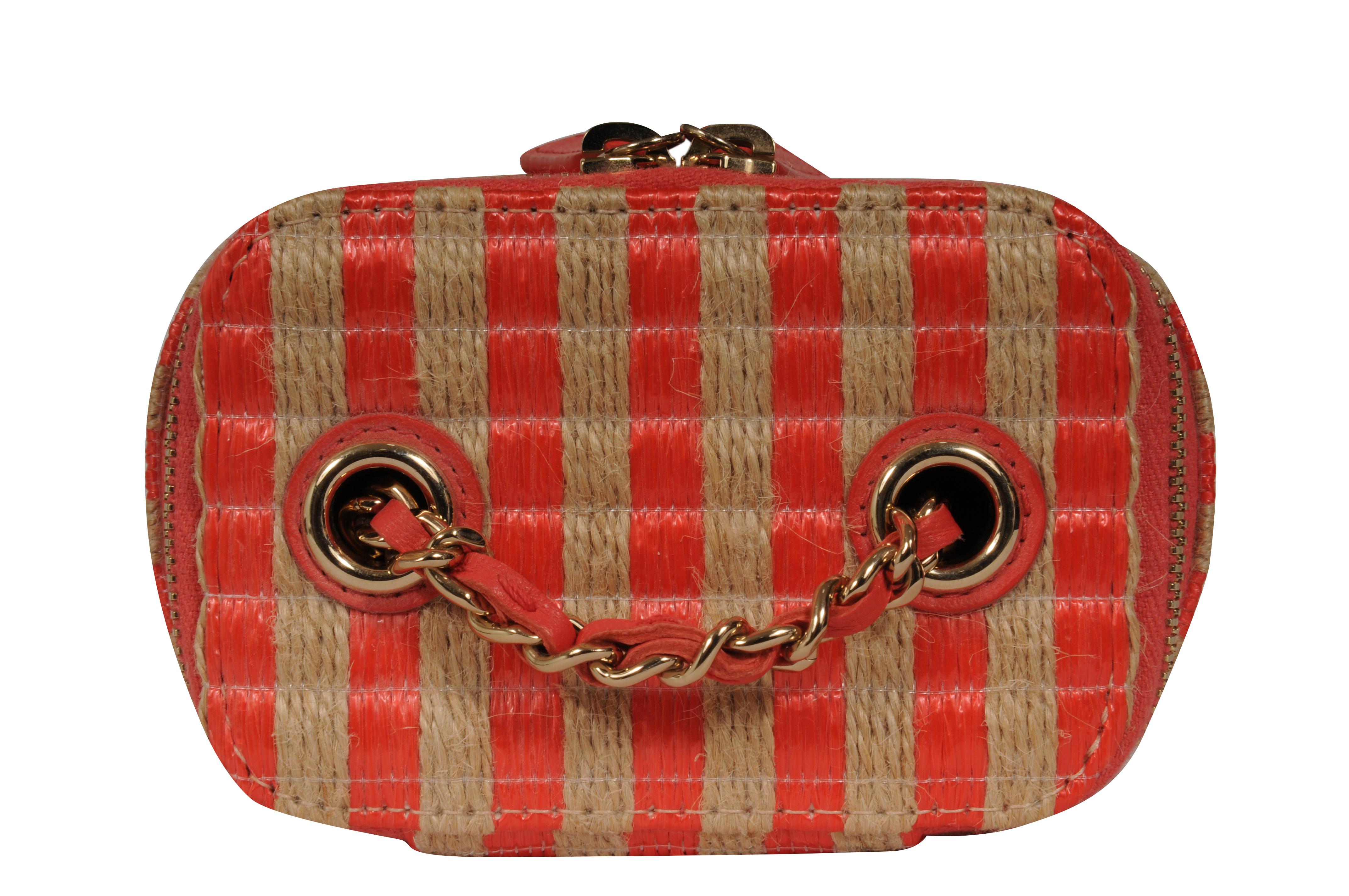 Chanel Womens Raffia Jute Striped Mini Vanity Case Bag With Chain Red Pink Beige en vente 12