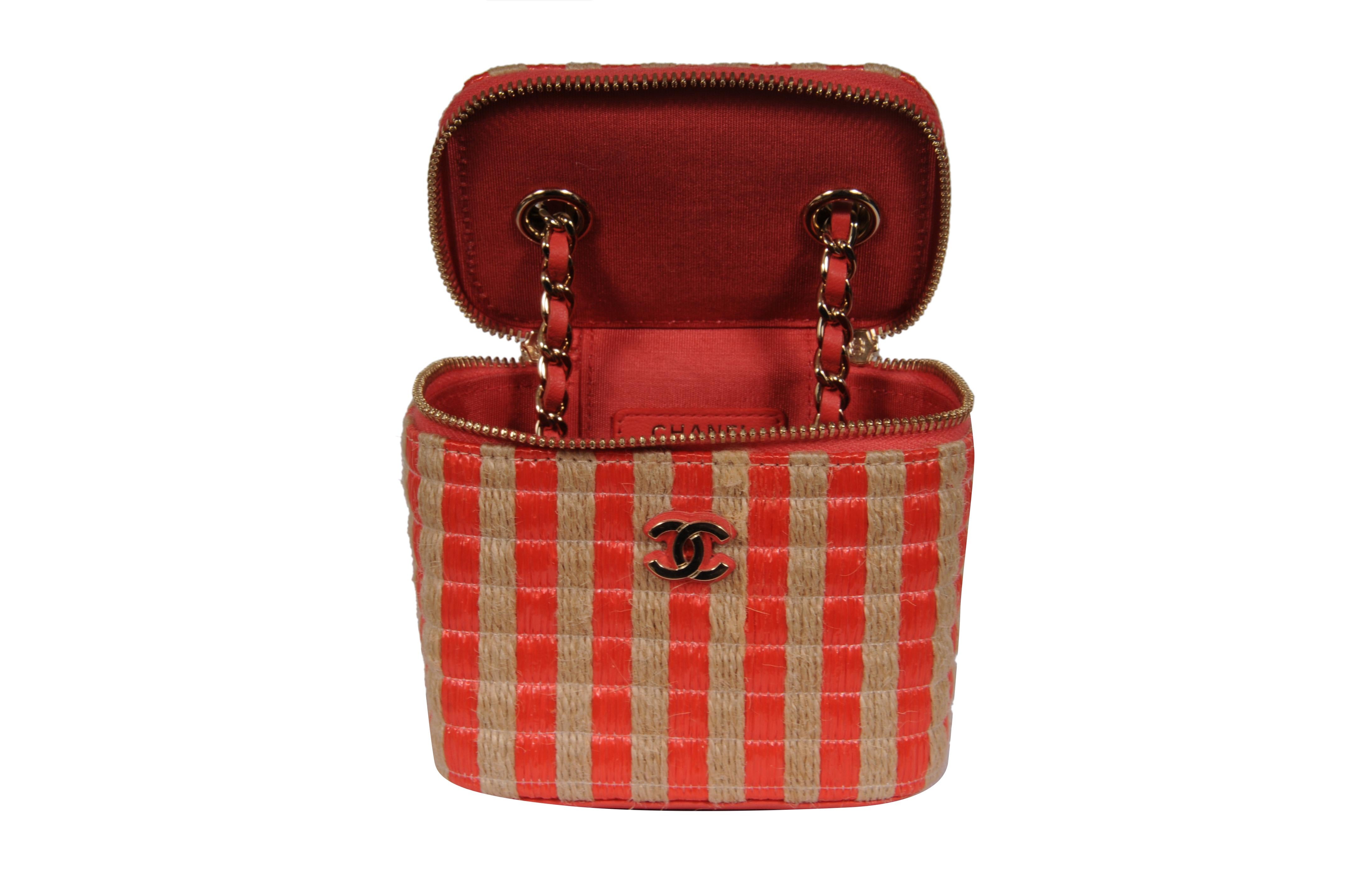 Chanel Womens Raffia Jute Striped Mini Vanity Case Bag With Chain Red Pink Beige en vente 13