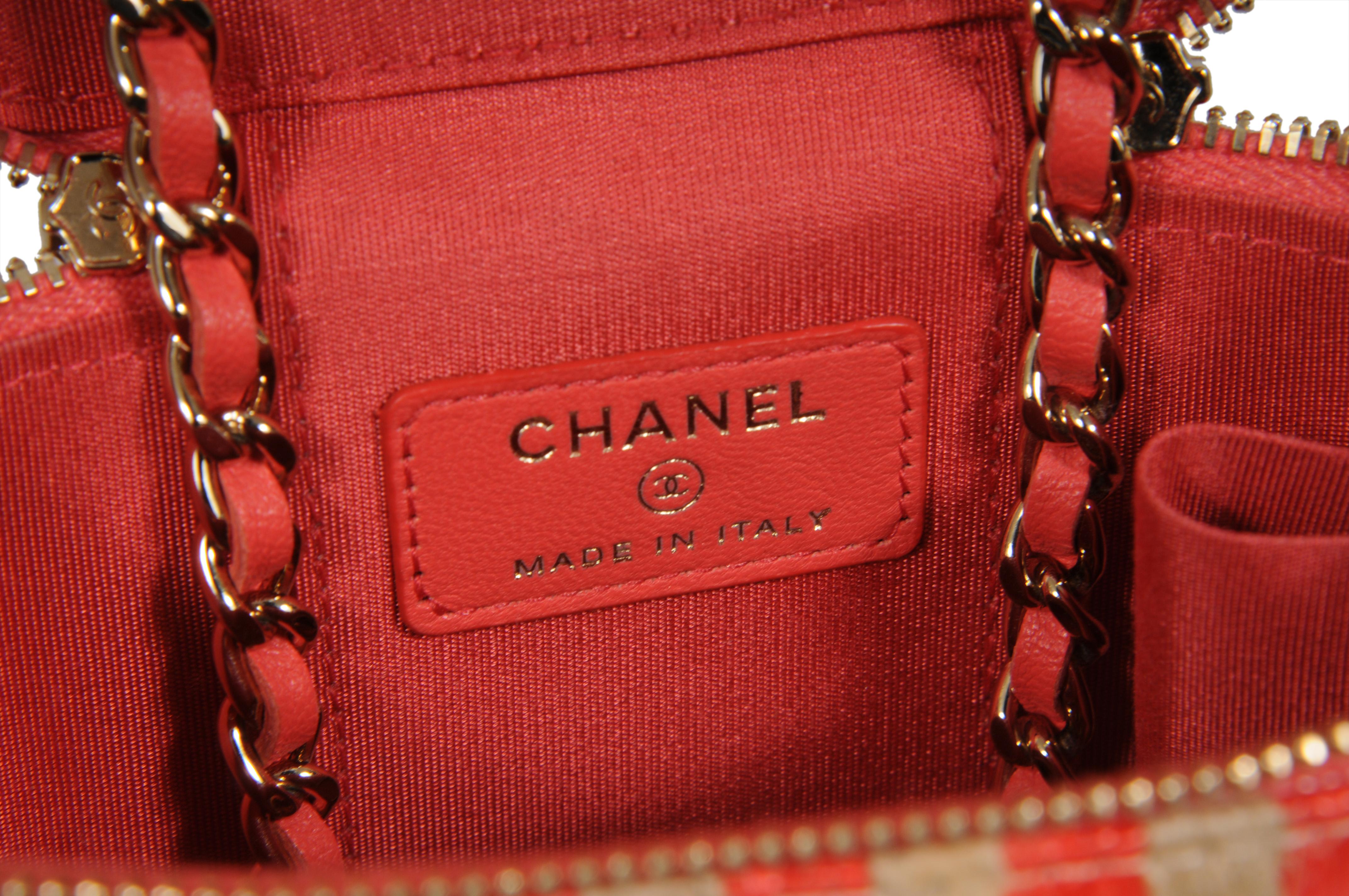 Chanel Womens Raffia Jute Striped Mini Vanity Case Bag With Chain Red Pink Beige en vente 14