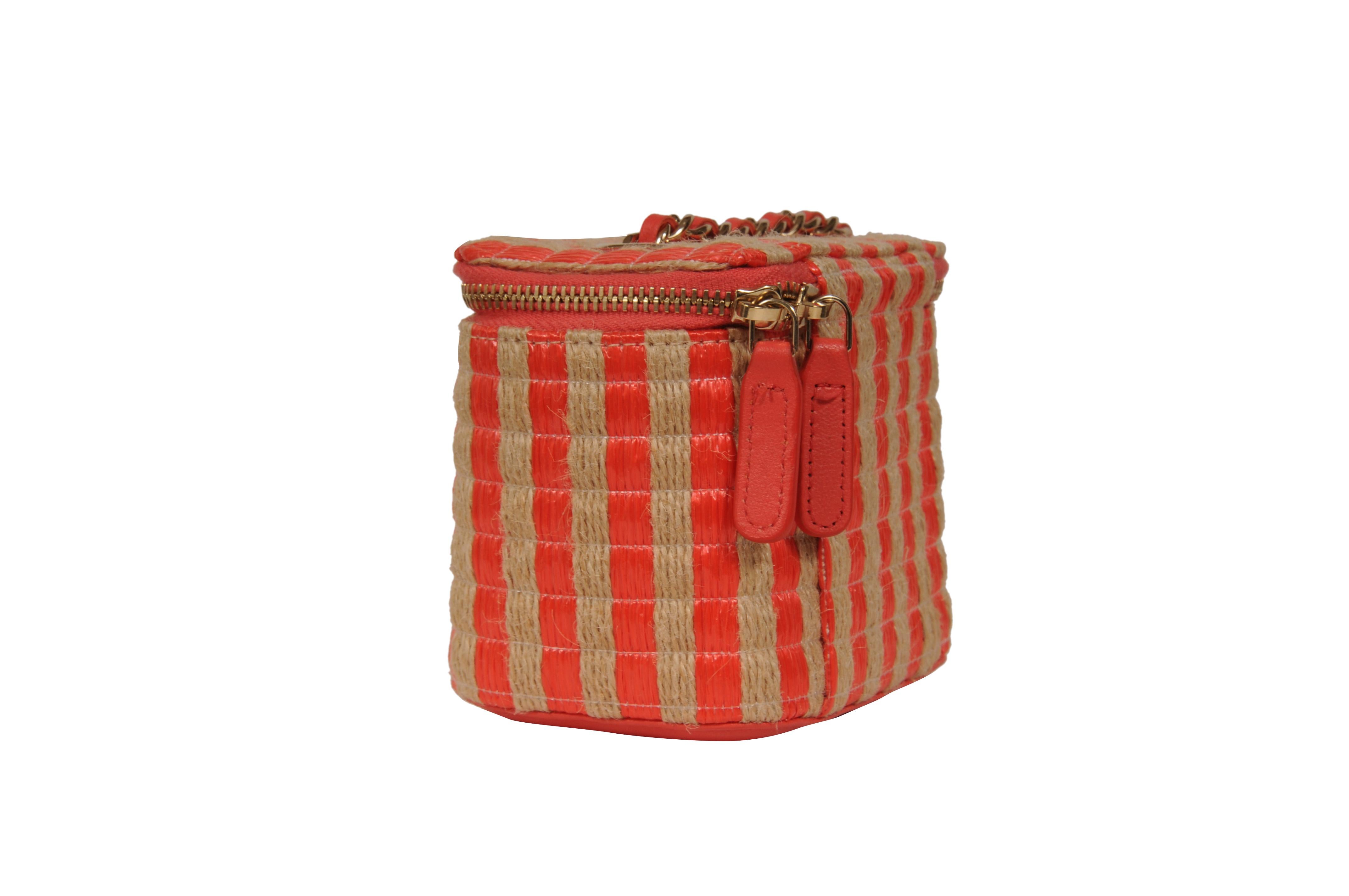 Chanel Womens Raffia Jute Striped Mini Vanity Case Bag With Chain Red Pink Beige Pour femmes en vente