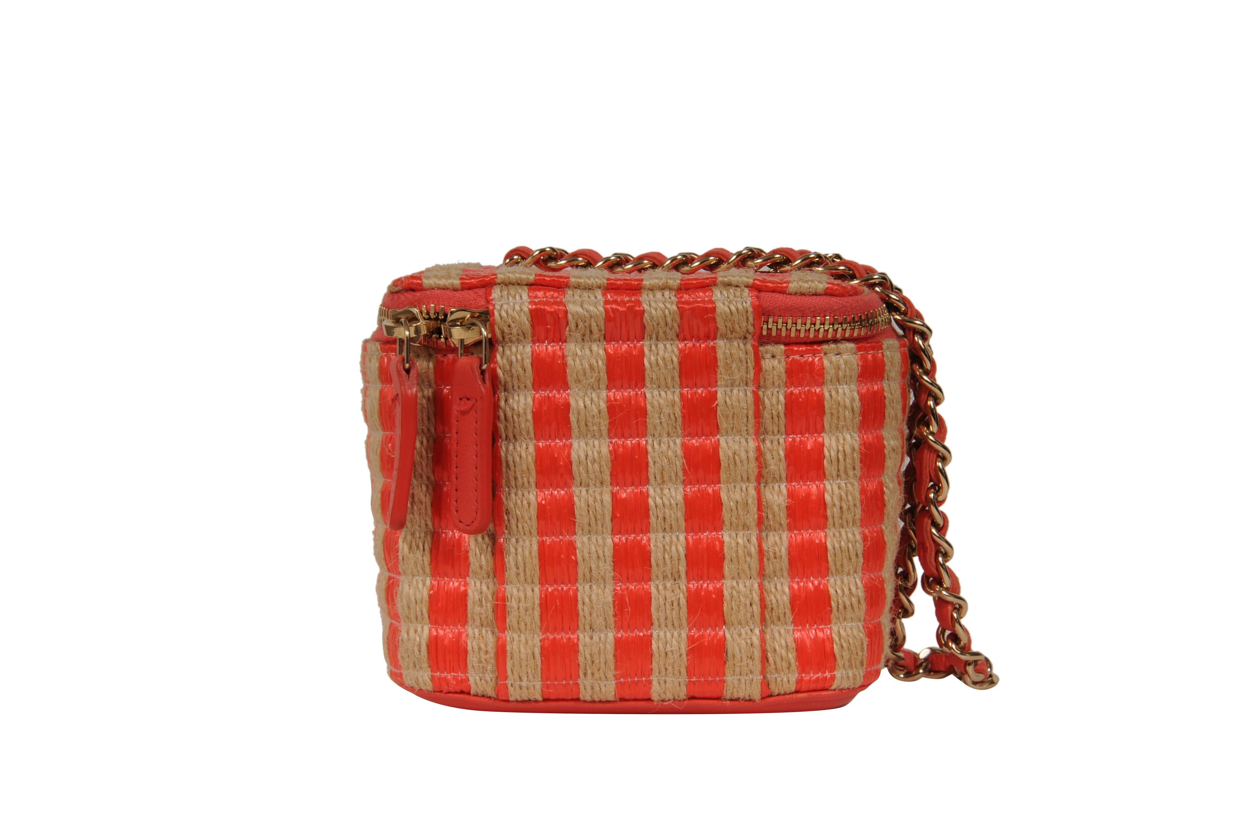 Chanel Womens Raffia Jute Striped Mini Vanity Case Bag With Chain Red Pink Beige en vente 1