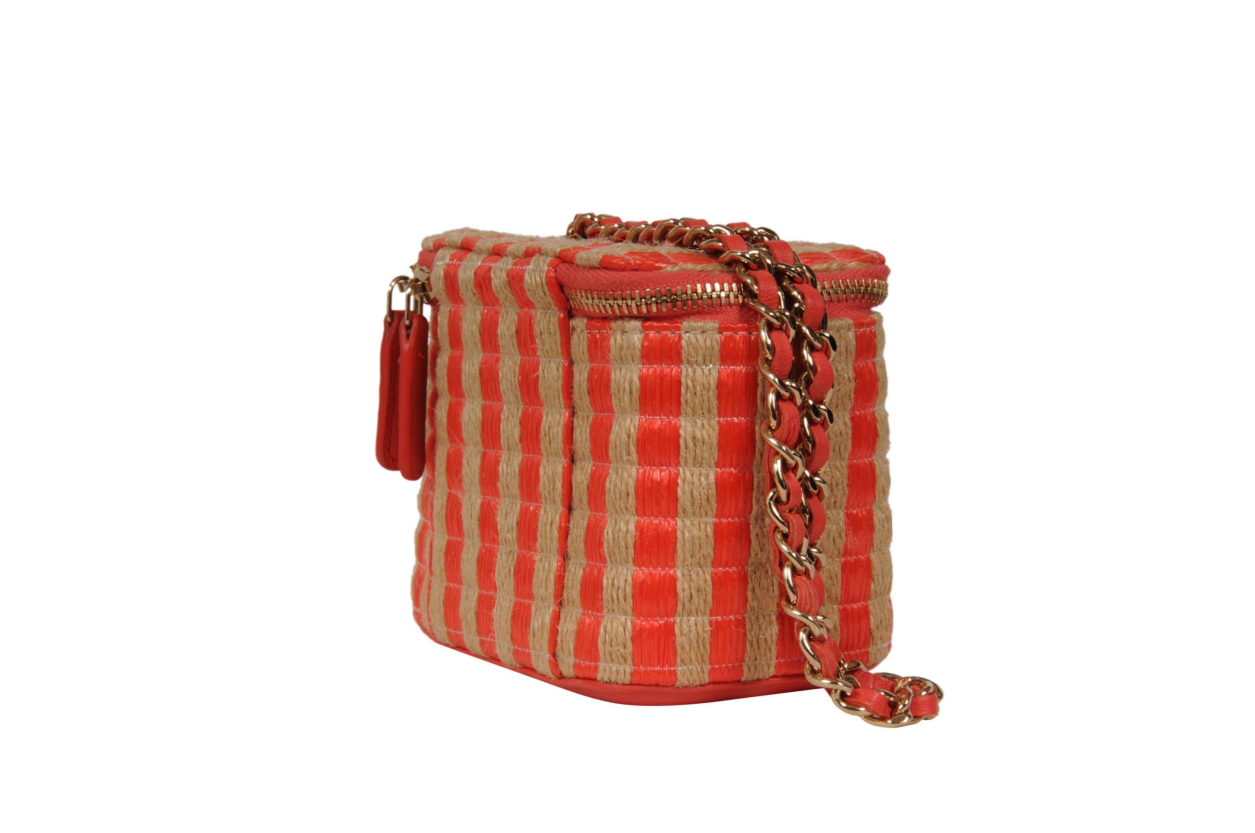 Chanel Womens Raffia Jute Striped Mini Vanity Case Bag With Chain Red Pink Beige en vente 3