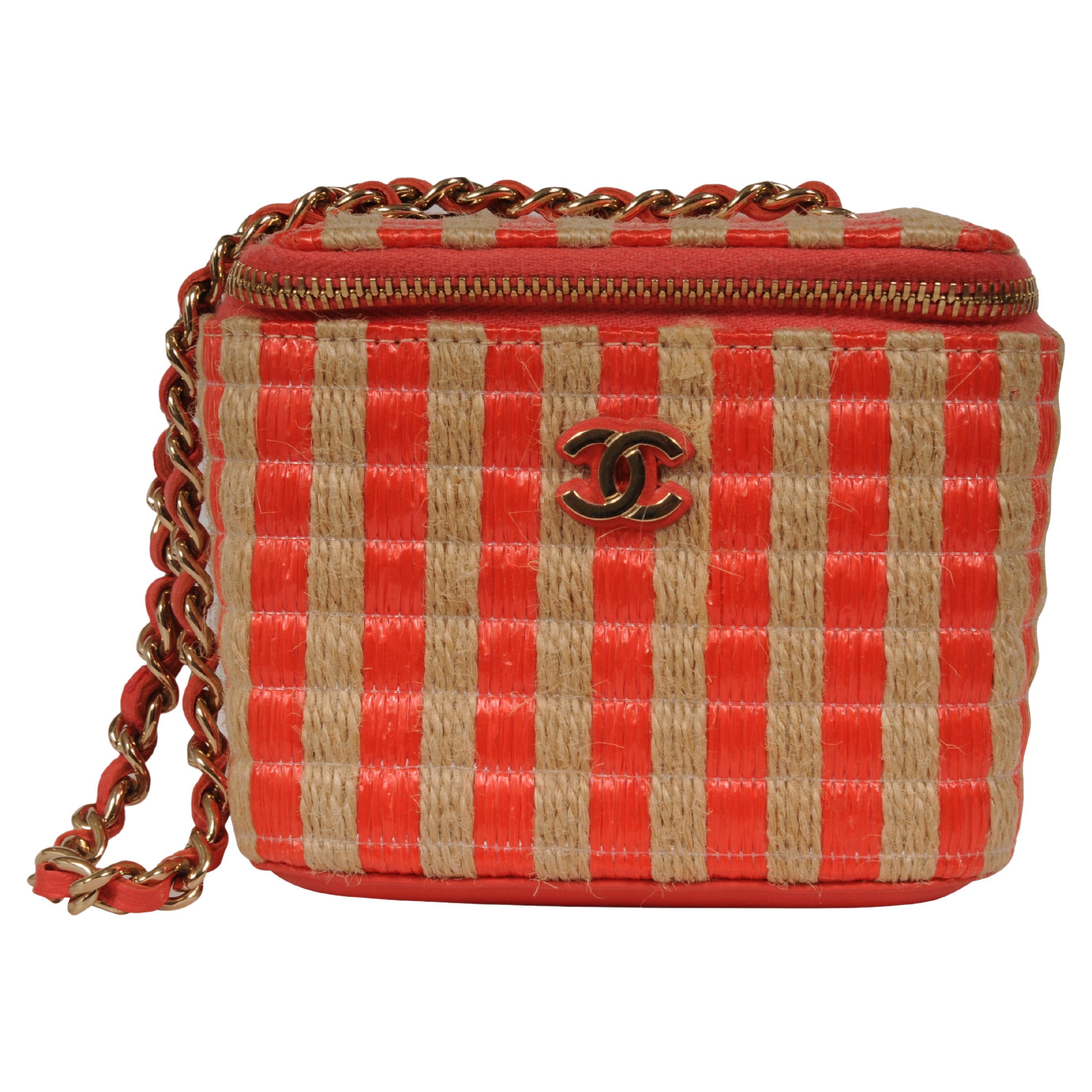 Chanel Womens Raffia Jute Striped Mini Vanity Case Bag With Chain Red Pink Beige