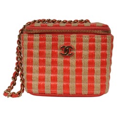 Chanel Womens Raffia Jute Striped Mini Vanity Case Bag With Chain Red Pink Beige