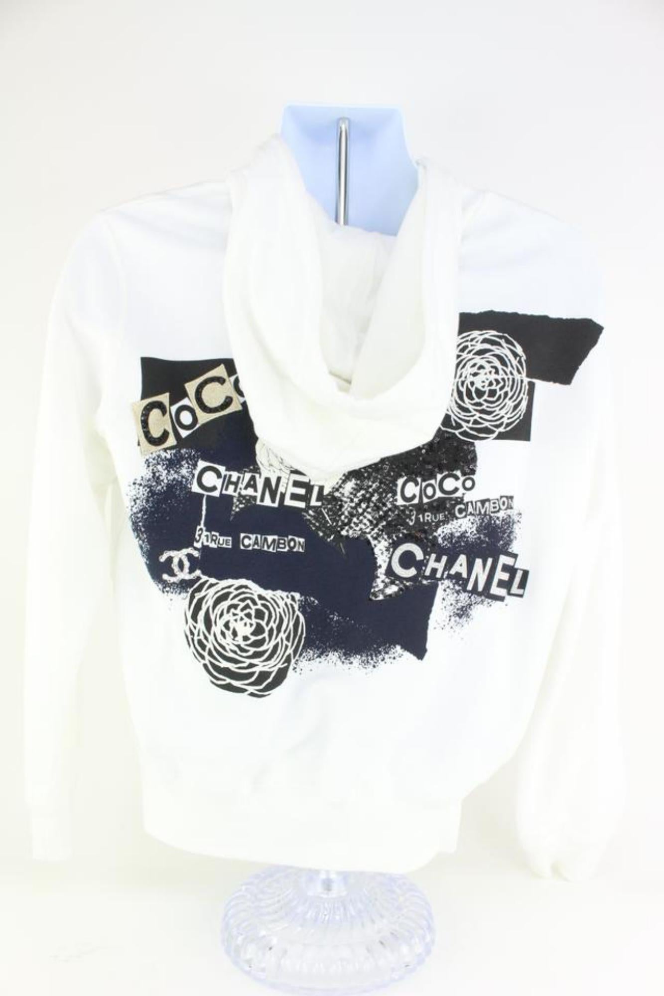 Chanel Women's Small White Coco CC Logo Zip Up Hoodie Sweatshirt 112c1 In New Condition For Sale In Dix hills, NY