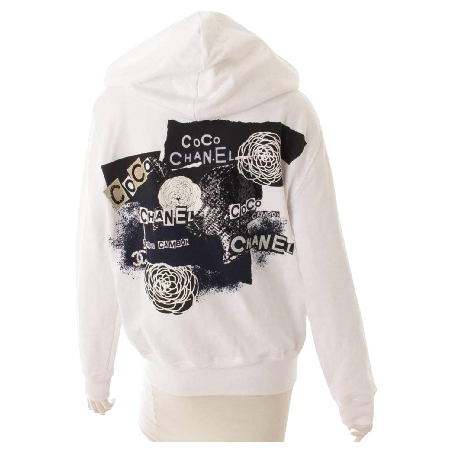 Chanel Women's Small White Coco CC Logo Zip Up Hoodie Sweatshirt 112c1 For  Sale at 1stDibs