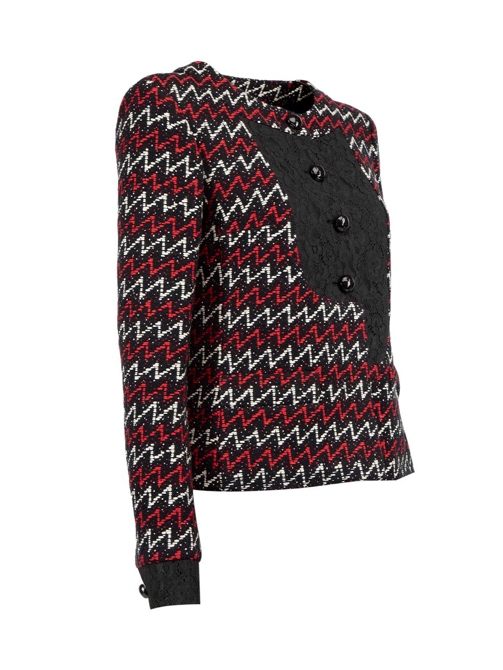CONDITION is Very good. Hardly any visible wear to jacket is evident on this used Chanel designer resale item.   Details  SS 2015 Multicolour- Black, white and red Tweed Fitted jacket Chevron stripe pattern Short length Black lace detail on centre