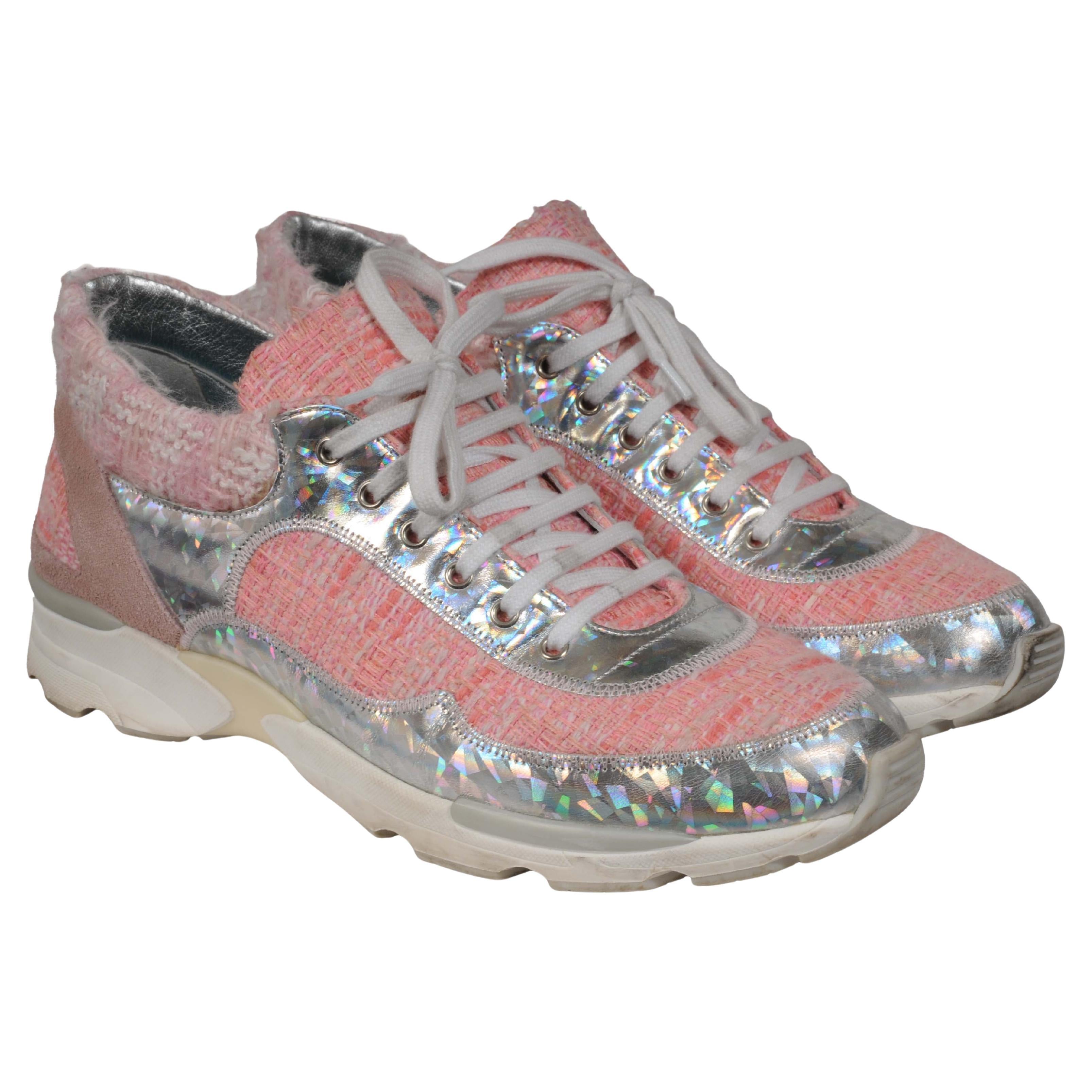 Chanel Womens Tweed CC logo Sneakers Size US 10 EU 40 Pink White Trainers Runner