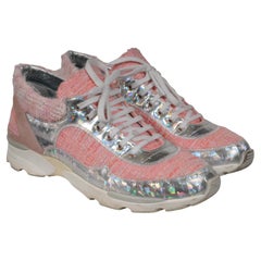 Chanel Womens Tweed CC logo Sneakers Size US 10 EU 40 Pink White Trainers Runner