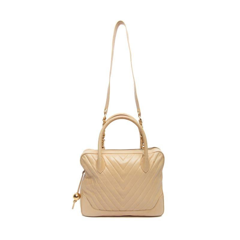 Chanel Women's Vintage Chevron Gold Hardware Top Handle Bag Beige 2