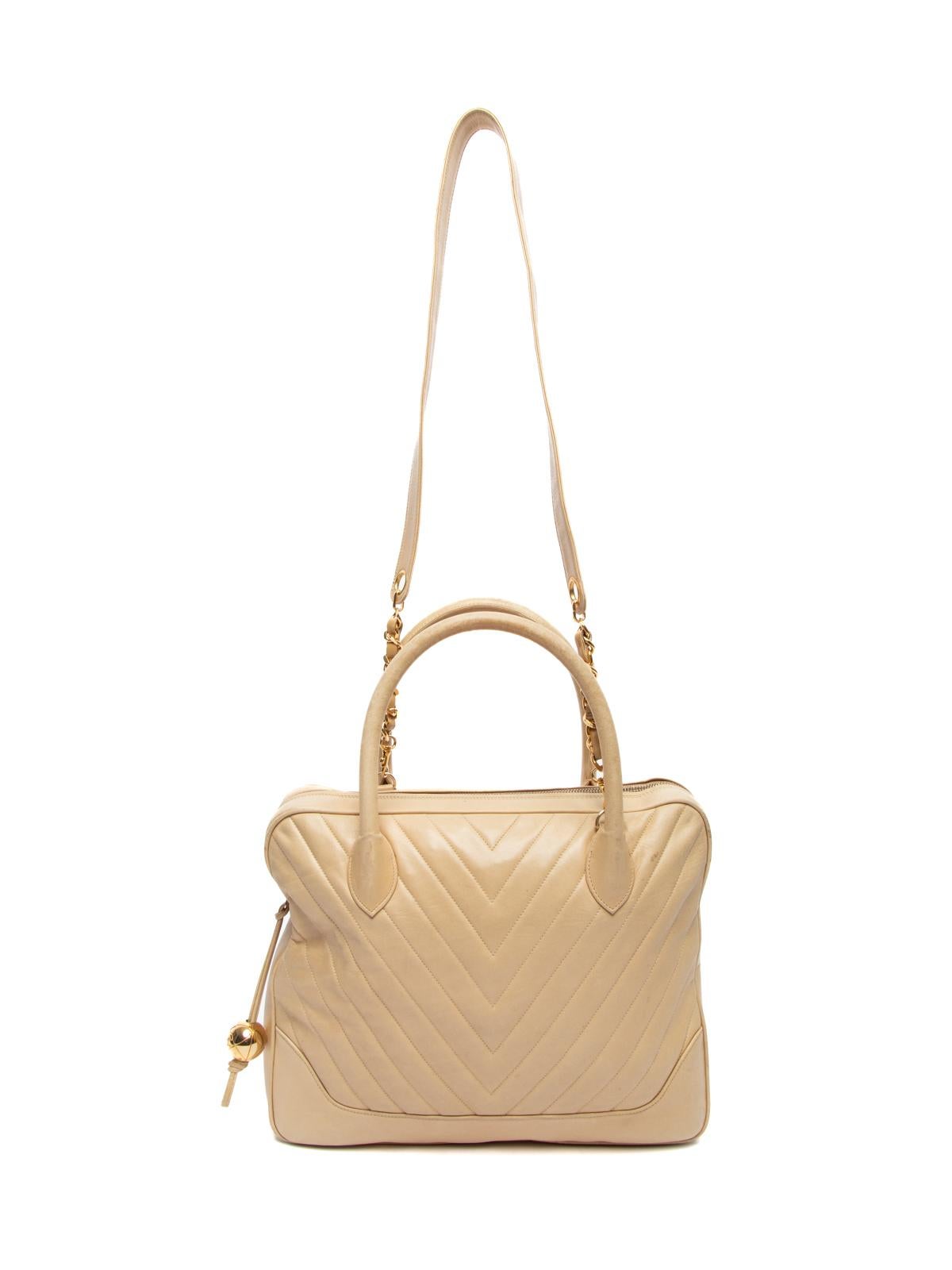 Chanel Women's Vintage Chevron Gold Hardware Top Handle Bag Beige 2