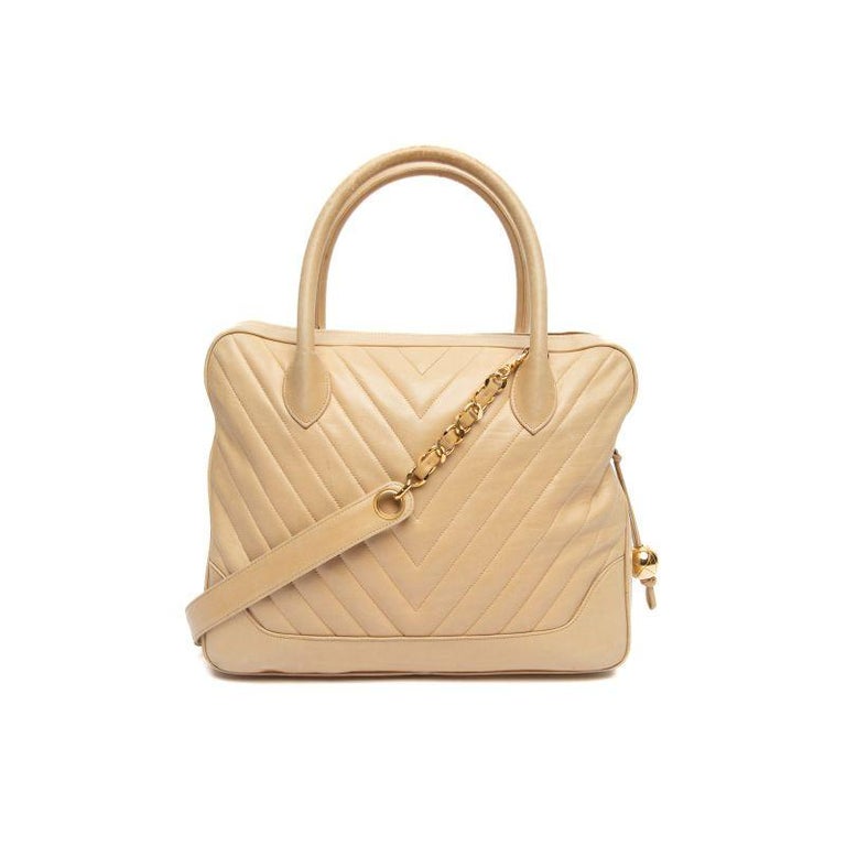 Chanel Women's Vintage Chevron Gold Hardware Top Handle Bag Beige For Sale  at 1stDibs