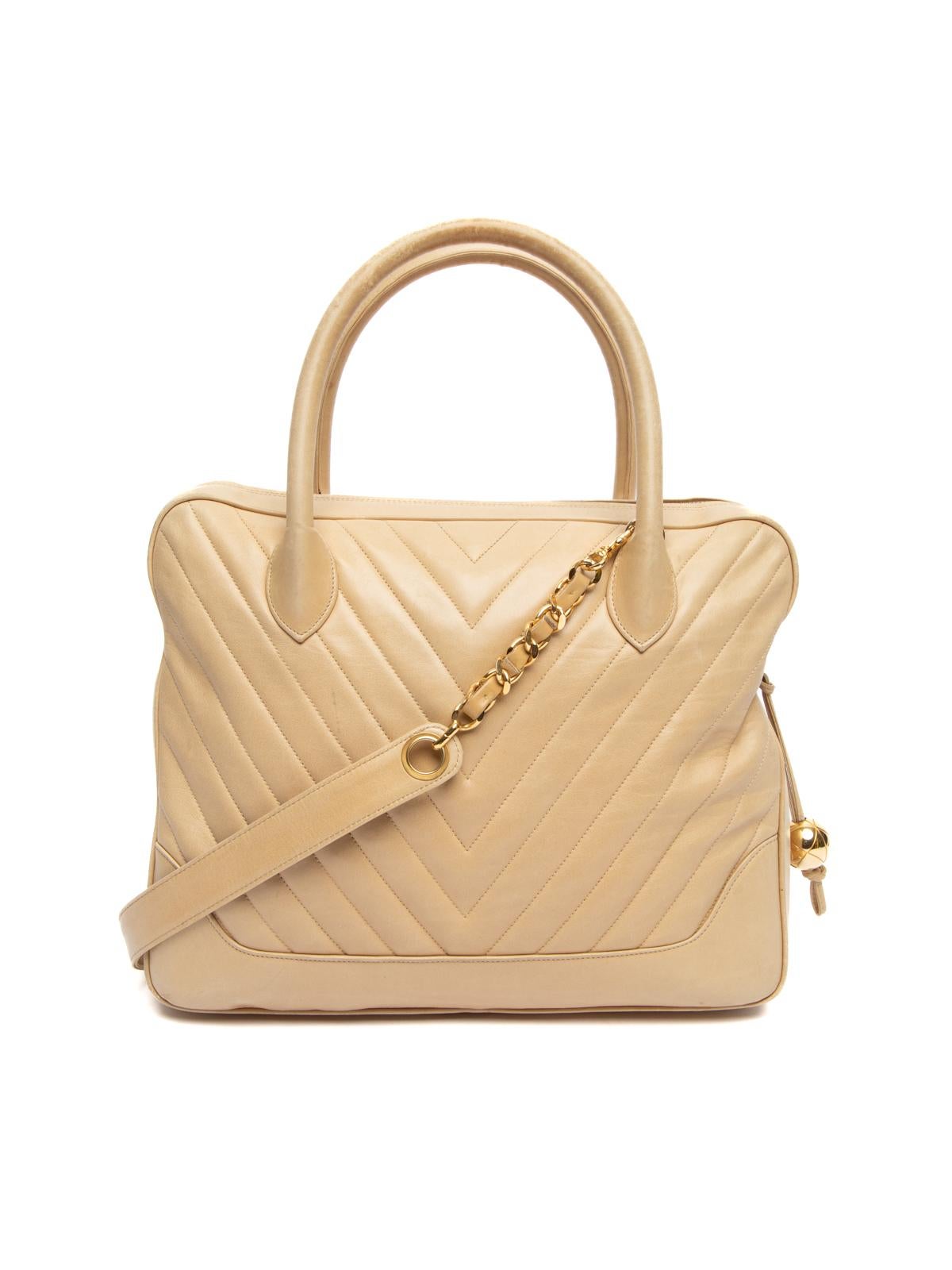 Chanel Women's Vintage Chevron Gold Hardware Top Handle Bag Beige 4