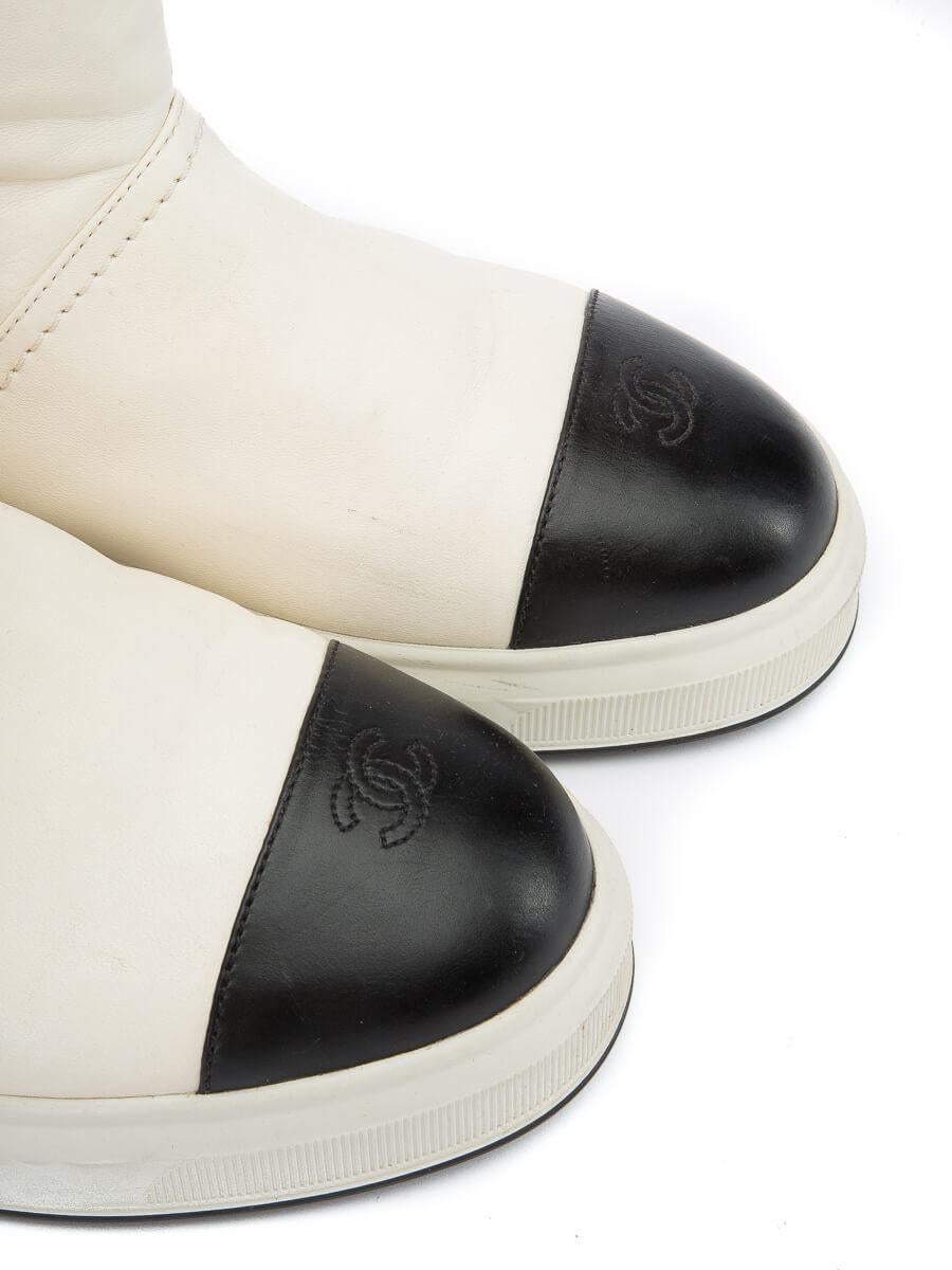 Chanel Women's White Leather Cap Toe Ankle Boots In Good Condition In London, GB