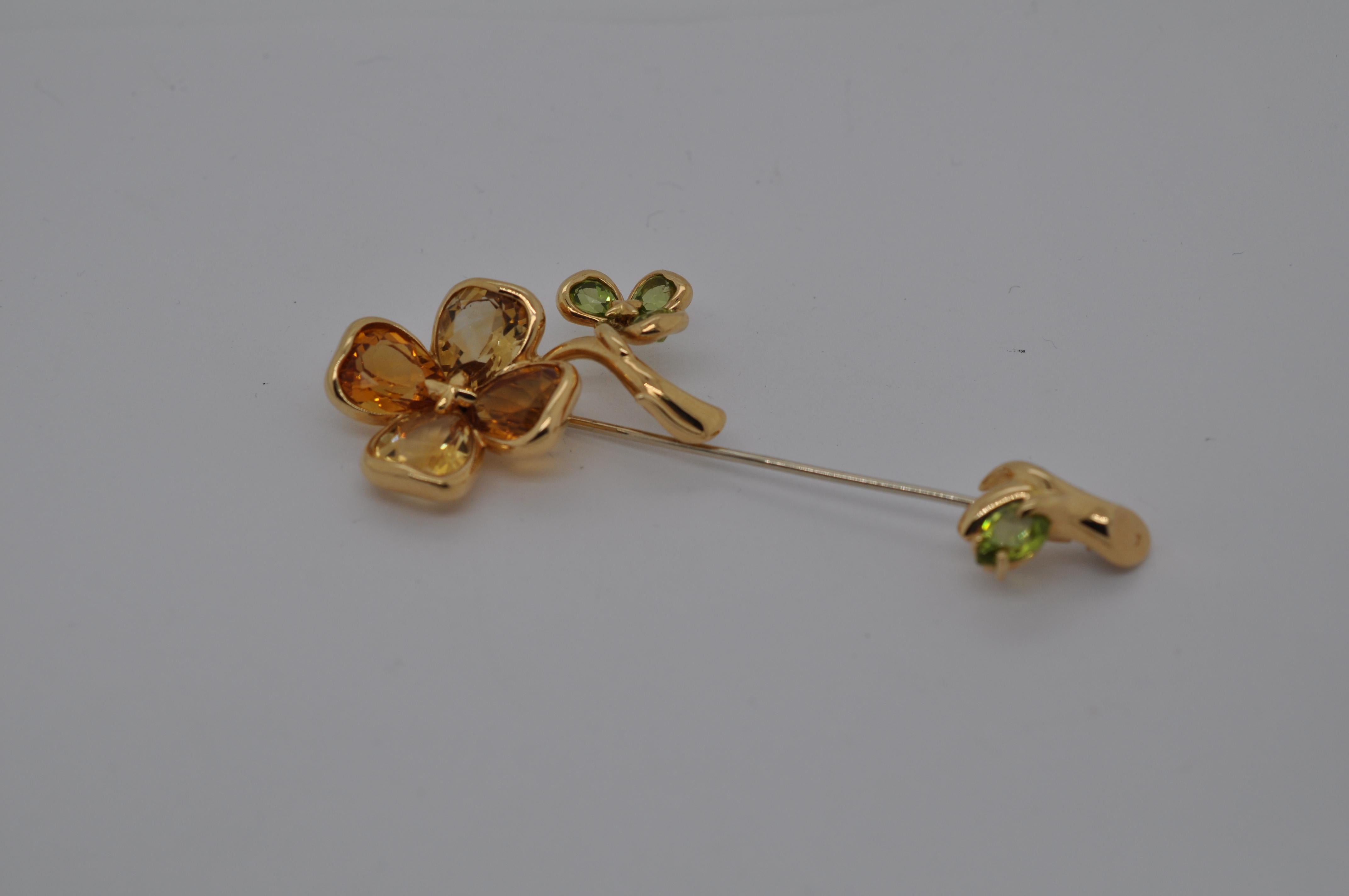 Chanel Women's Yellow Gold Floral Gemstone Pin In Excellent Condition For Sale In Houston, TX