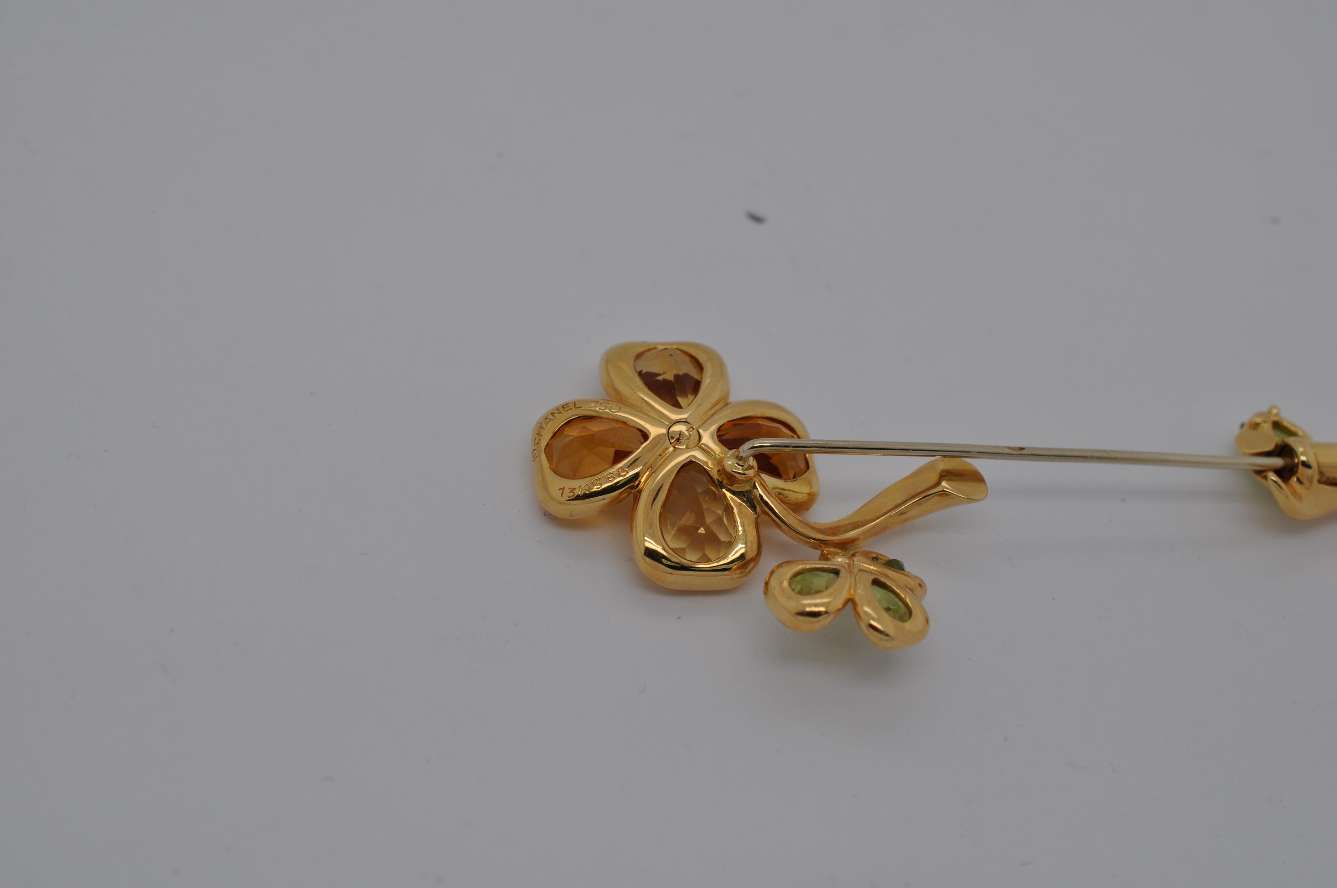 Chanel Women's Yellow Gold Floral Gemstone Pin For Sale 3