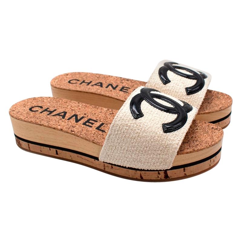 Chanel Black/White Stripe Canvas CC Logo Cork Wedge Sandals Size
