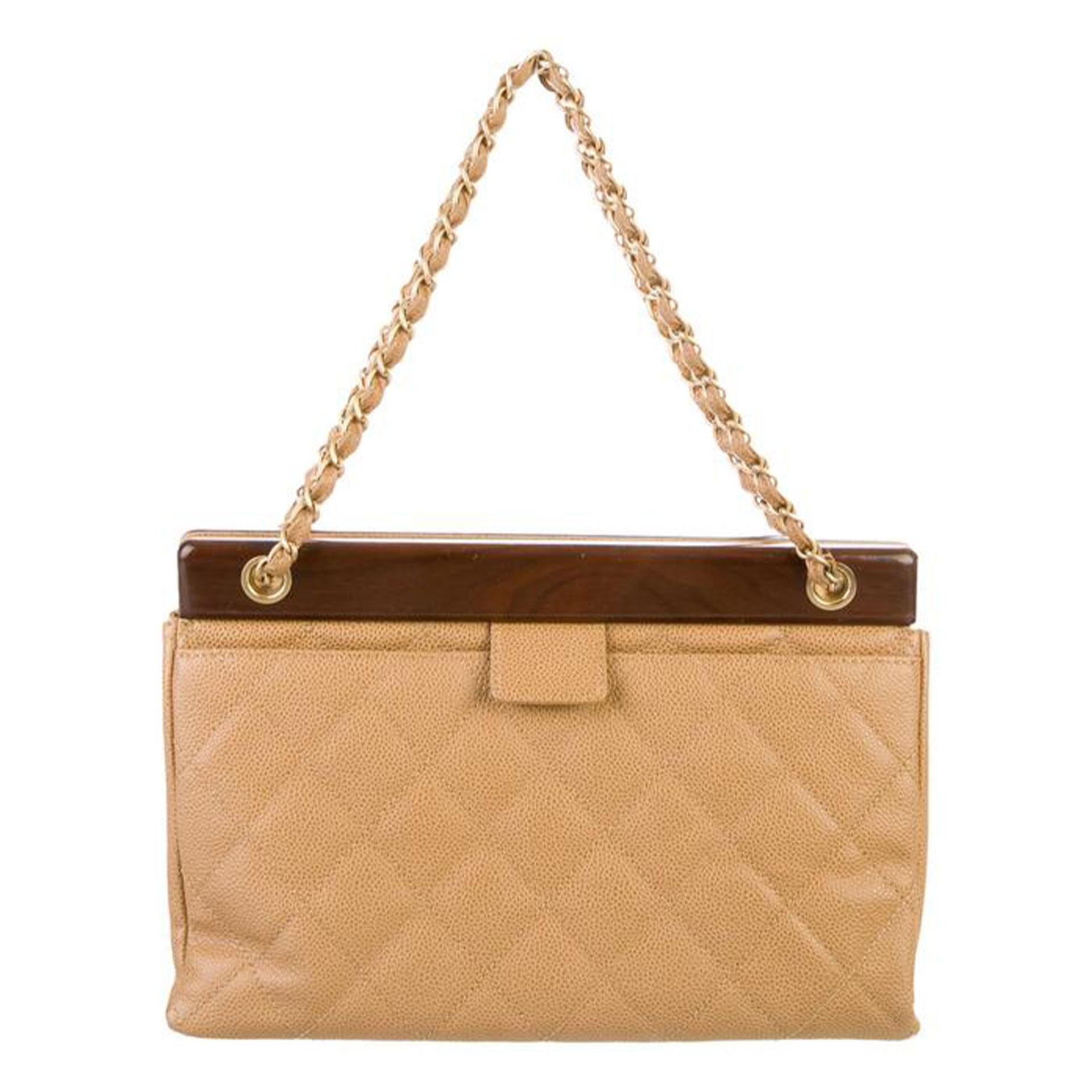 Chanel Wood Medium Beige Caviar Leather Shoulder Timeless Tote In Good Condition For Sale In Miami, FL