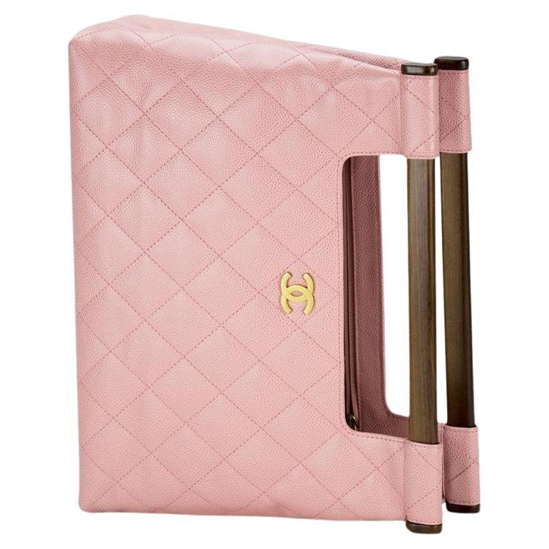 Chanel Wood Top Handle Rare Pink Caviar Leather Jumbo Envelope Clutch Tote  For Sale at 1stDibs