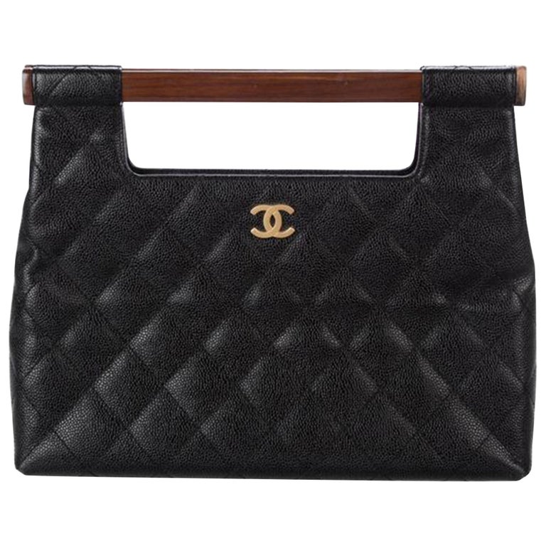 Chanel Wood Top Handle Rare Vintage Black Caviar Leather Clutch For Sale at  1stDibs