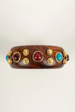 Chanel Wooden and Golden Metal Bracelet Paved with Multicolored Cabochons