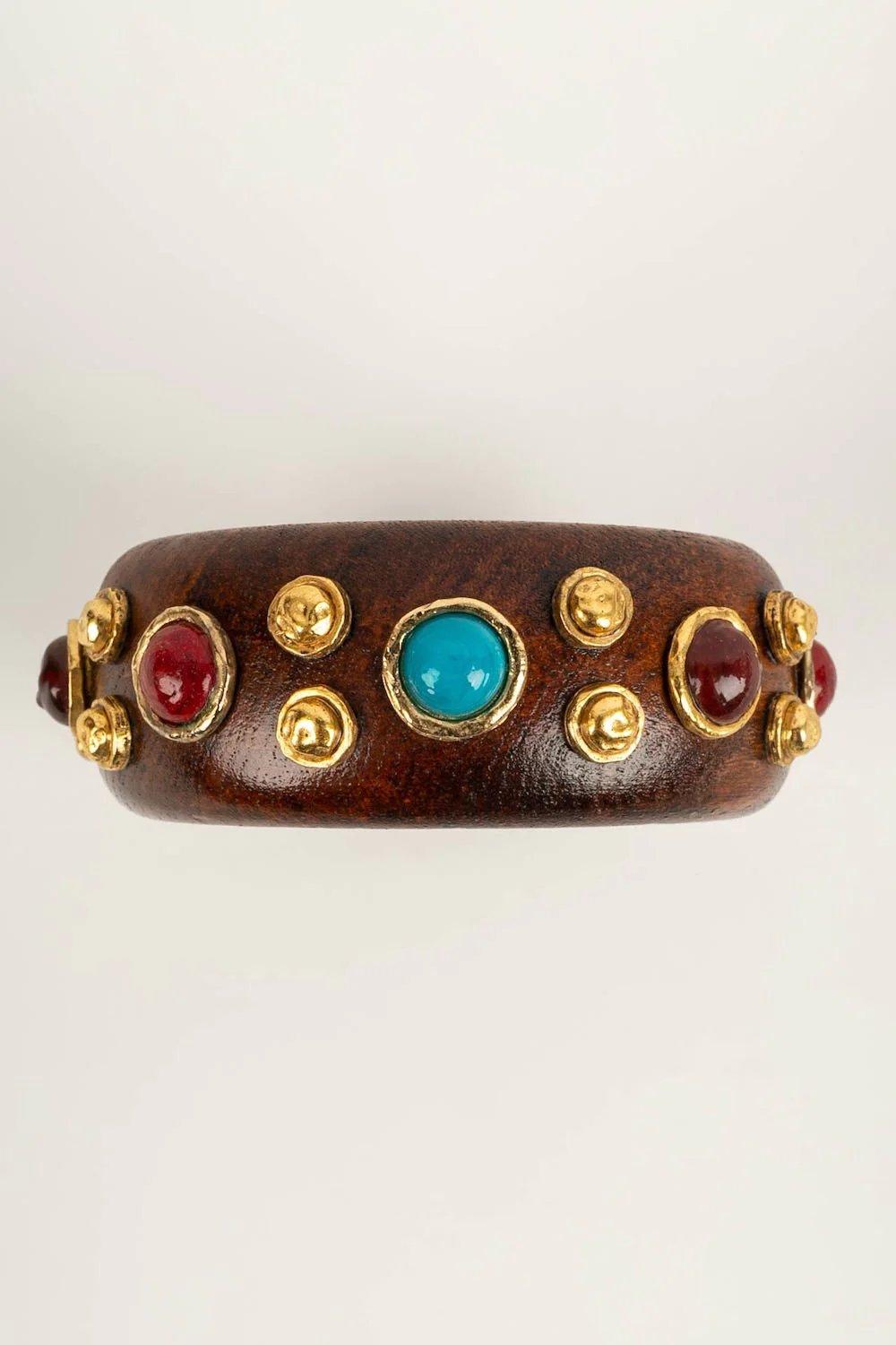 Women's Chanel Wooden and Golden Metal Bracelet Paved with Multicolored Cabochons