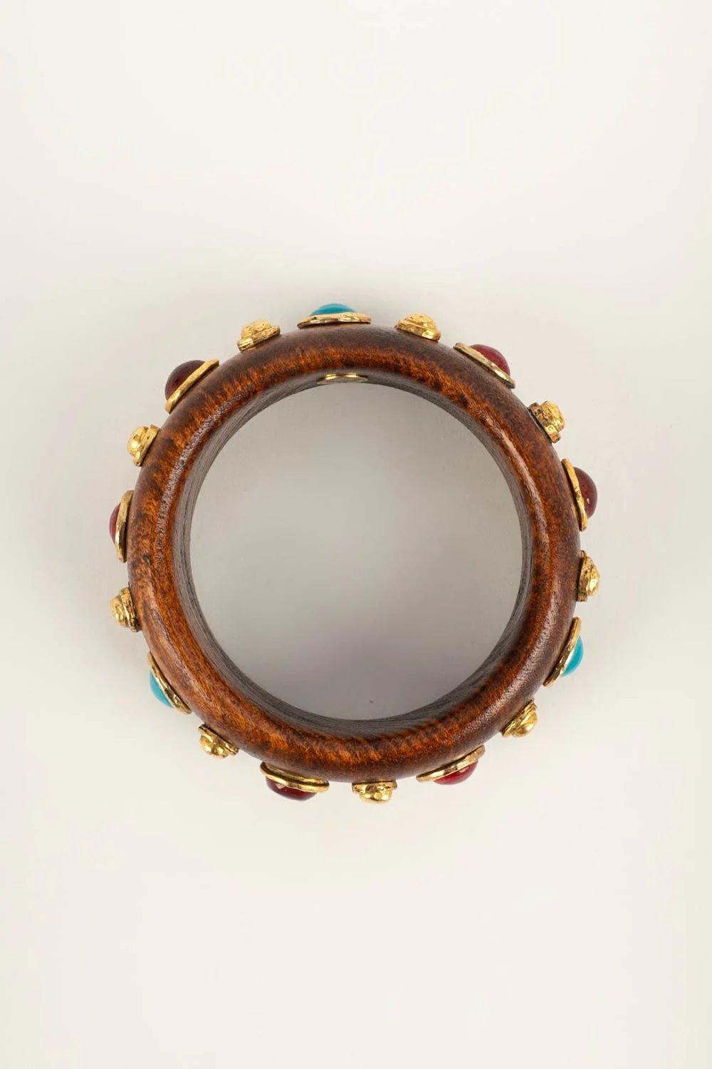 Chanel Wooden and Golden Metal Bracelet Paved with Multicolored Cabochons 2