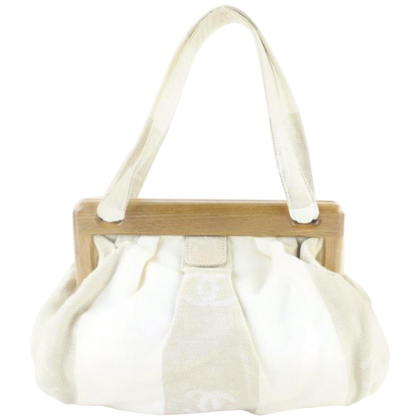 CHANEL, Bags, Chanel Grey Ivory Stripes Canvas Wooden Clam Shell Shoulder  Bag