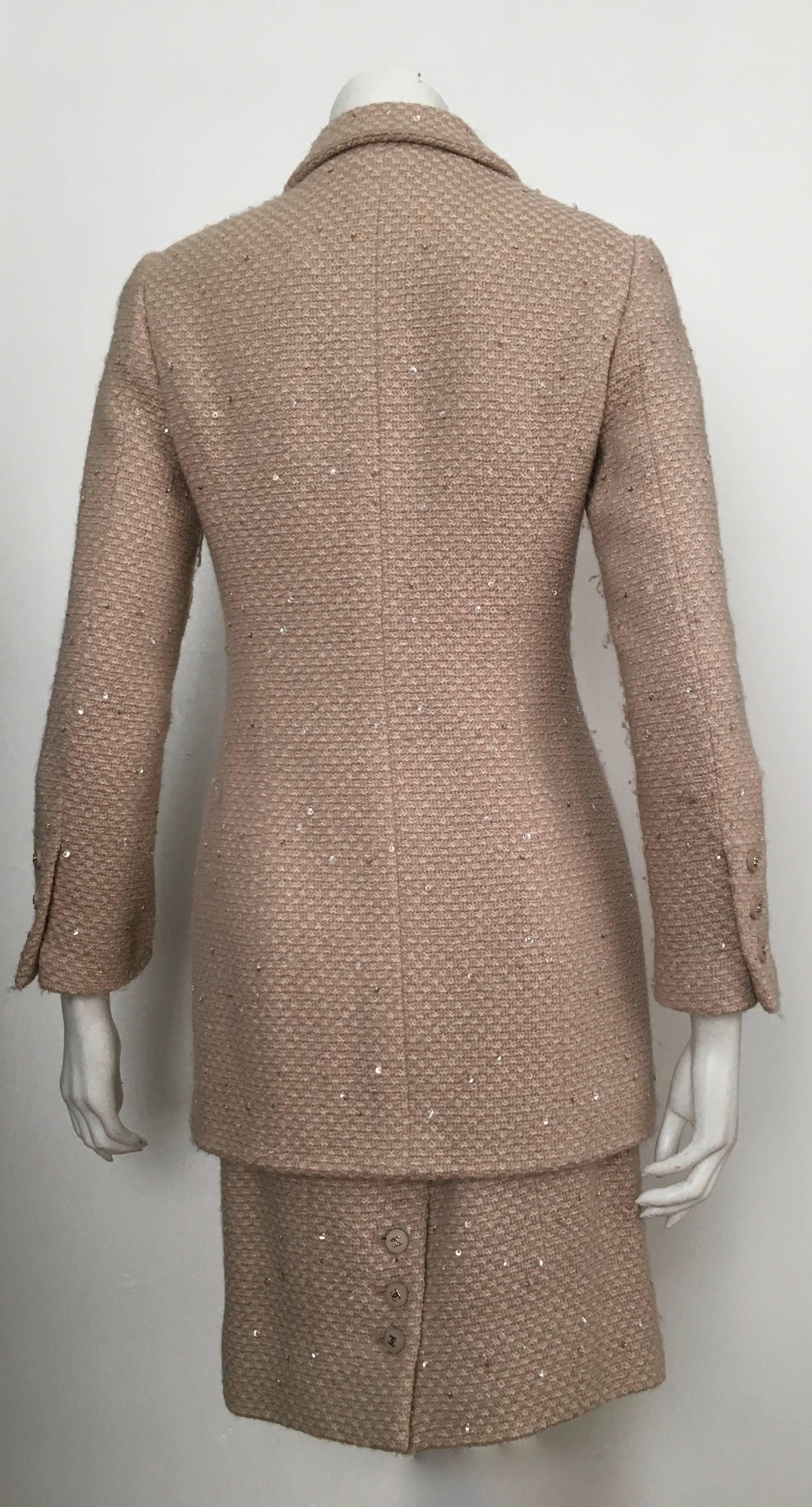 Women's or Men's Chanel Wool Beige with Sequin Jacket & Skirt Suit Size 4 / 36. For Sale