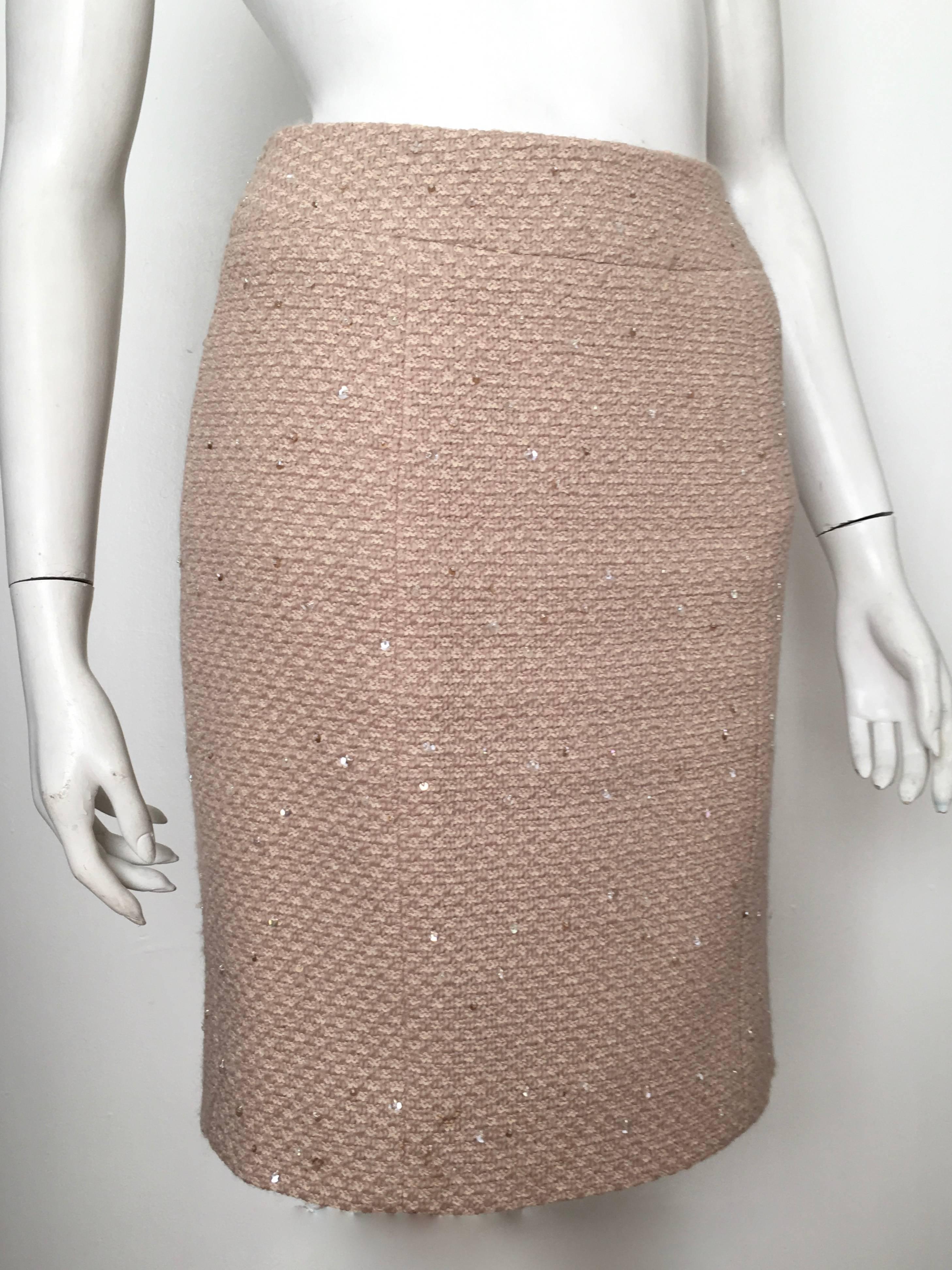 Chanel Wool Beige with Sequin Jacket & Skirt Suit Size 4 / 36. For Sale 3