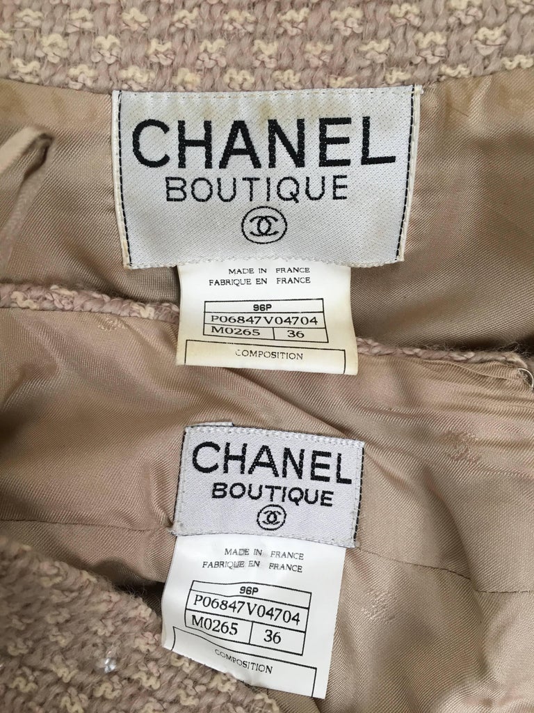 Chanel Wool Beige with Sequin Jacket and Skirt Suit Size 4 / 36. For ...