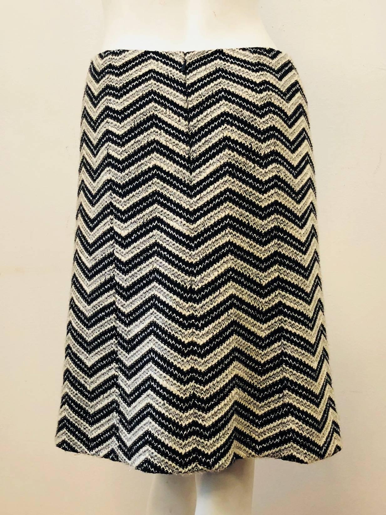 Chanel Wool Blend Black/White and Silver Tone Threads Chevron A line Skirt   In Excellent Condition In Palm Beach, FL