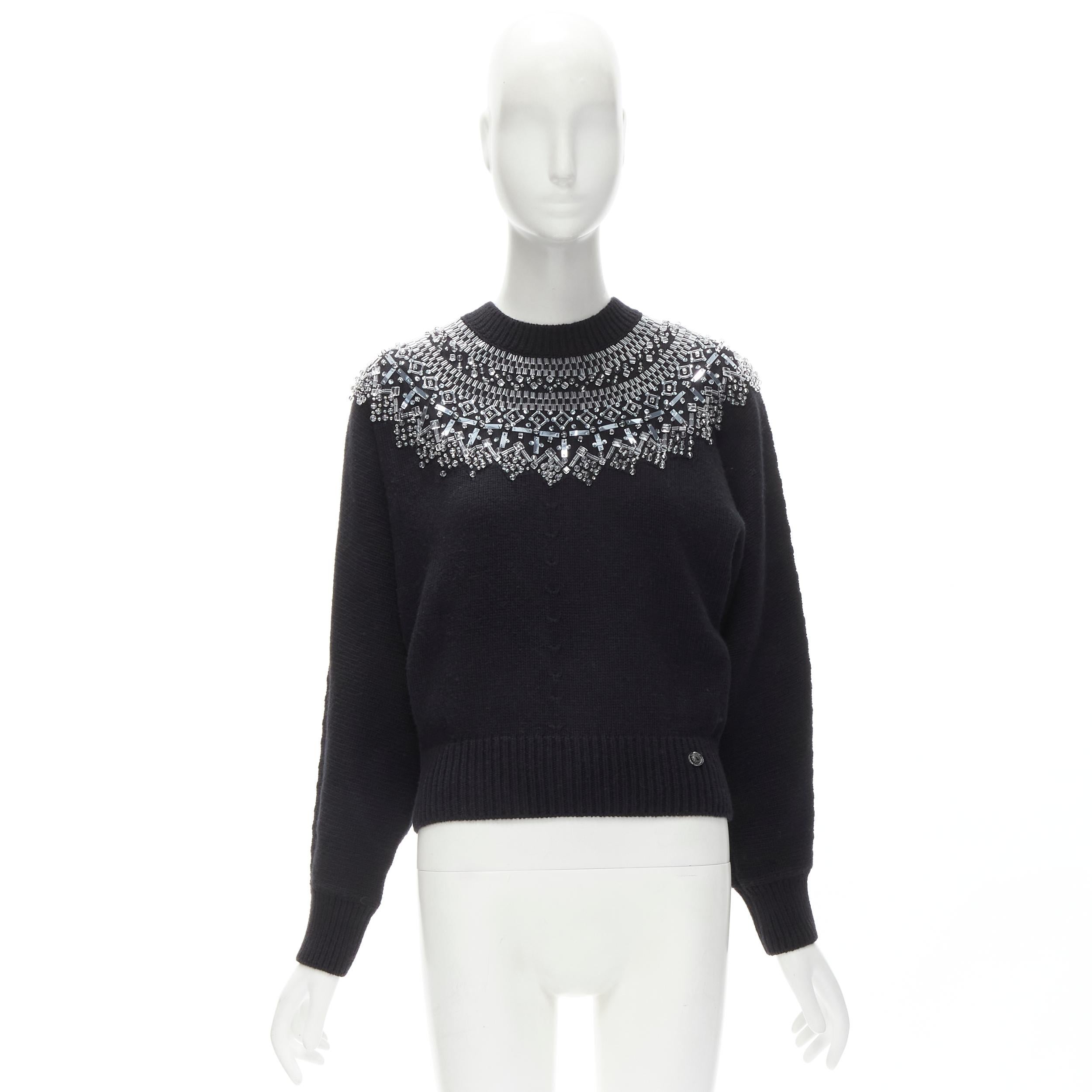 CHANEL wool cashmere black crystal bead embellished fairisle sweater FR34 XS For Sale 4