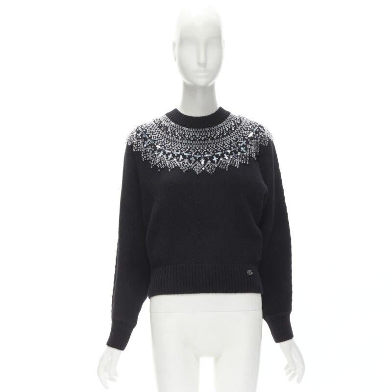 CHANEL wool cashmere black crystal bead embellished fairisle sweater FR34 XS 6
