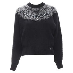 CHANEL wool cashmere black crystal bead embellished fairisle sweater FR34 XS
