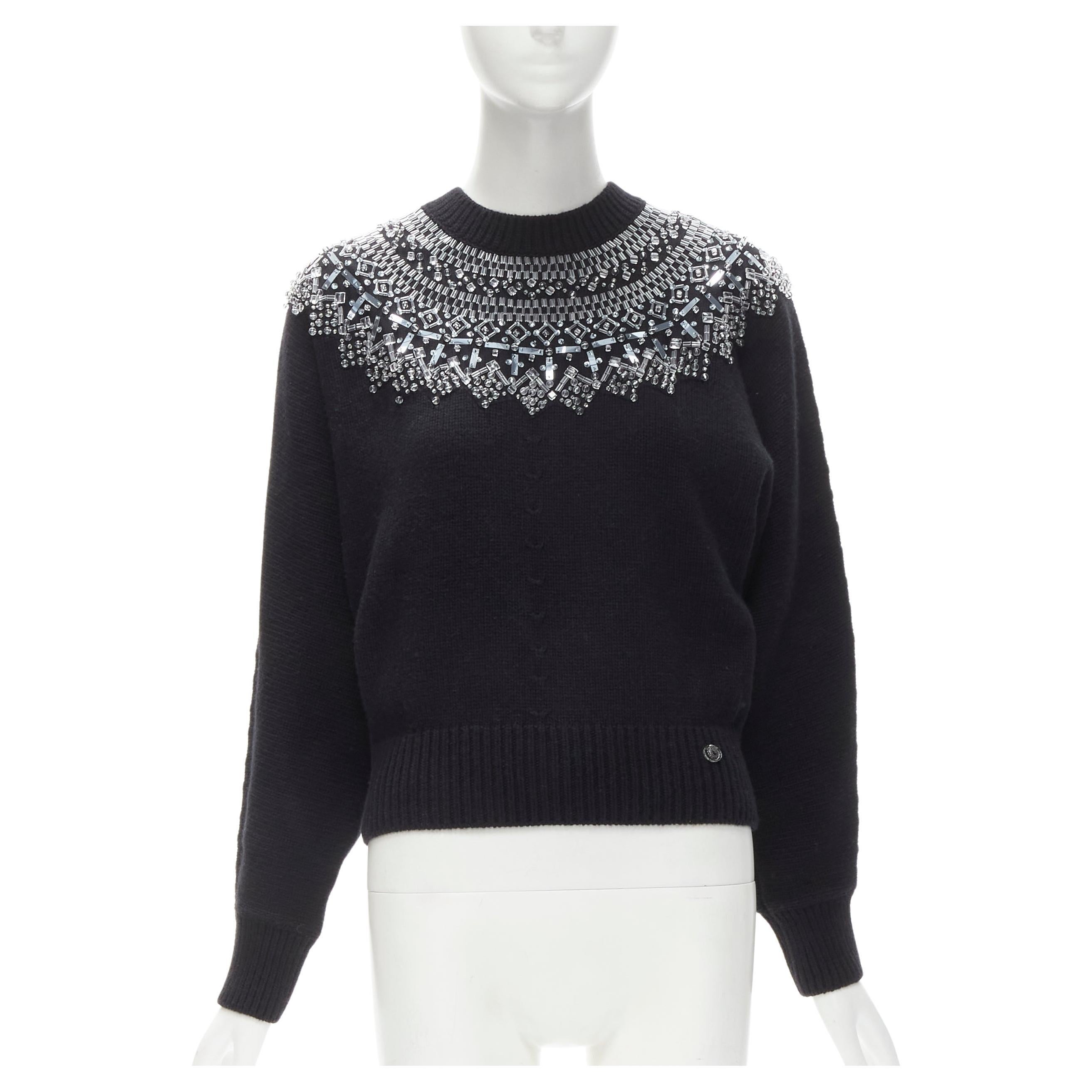 CHANEL wool cashmere black crystal bead embellished fairisle sweater FR34 XS For Sale